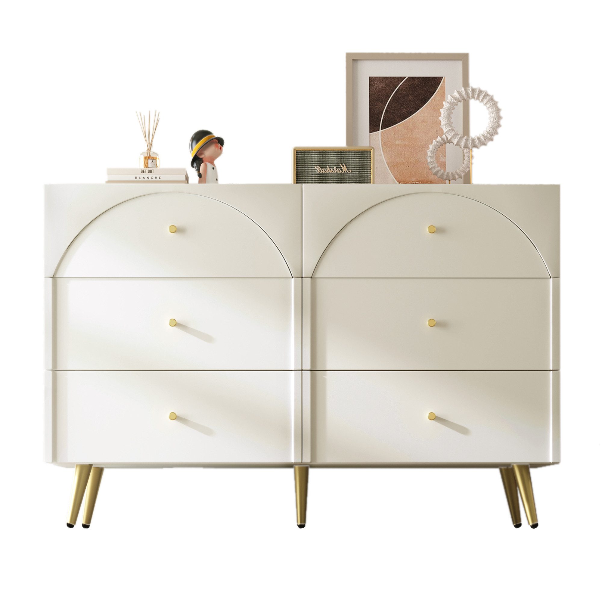 Kommode Schubladenkommode Kommode mit 6 Schubladen, Creme-Weiß -H85/B120/T40cm