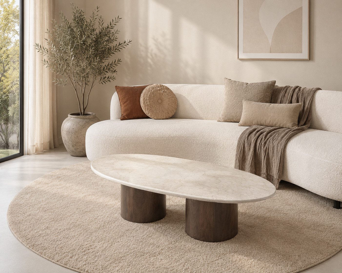 Maison ESTO Couchtisch NACERA oval Naturstein Mangoholz braun 120 cm, Tischplatte aus echtem Naturstein, Säulenfüße aus massivem Mangoholz – Bild 3 von 5