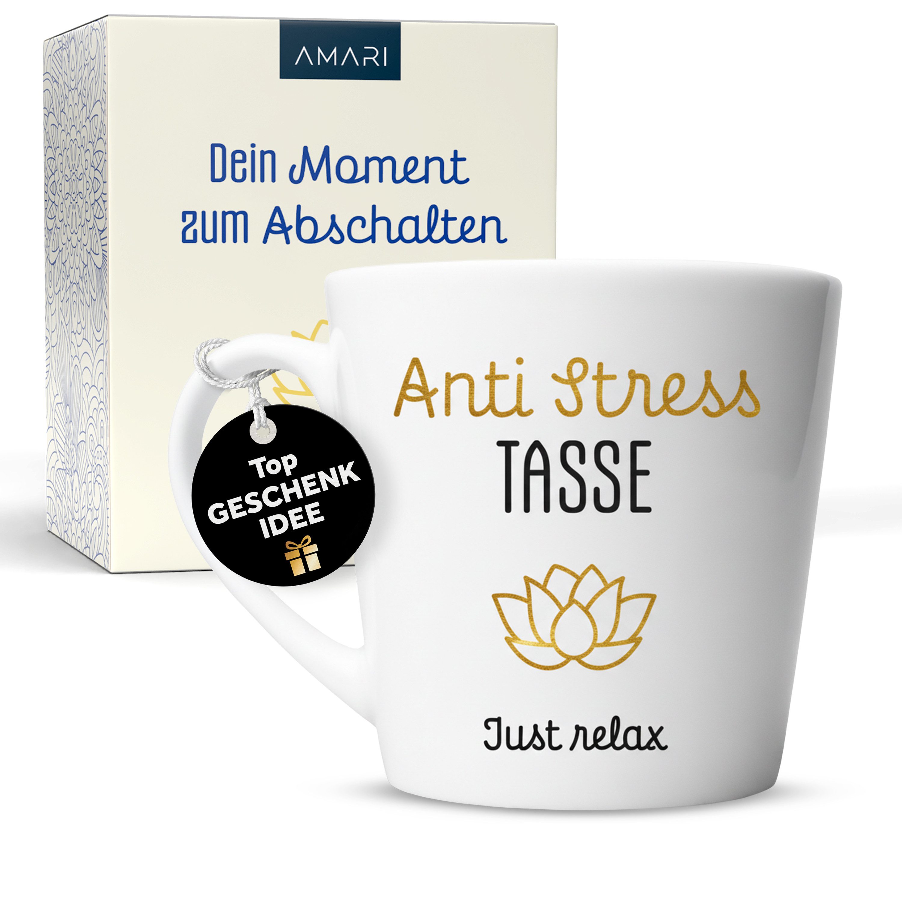 Amari Tasse Anti-Stress Spruch Gold, Geschenkidee Kollegin Kollege Chef Nr.23, Kaffeetasse Teetasse Bürotasse 330 ml Geschenkbox Geburtstag