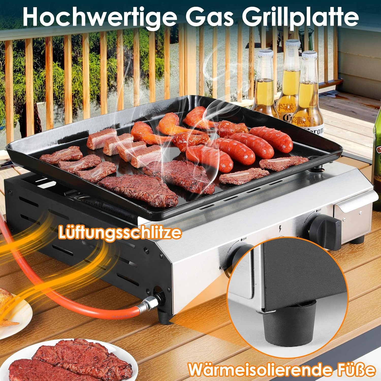 TLGREEN Camping-Gasgrill,Tischgasgrill mit Gusseisenplatte, Tragbarer Camping Grill mit 2/3 Brennern, Ideal für Balkon, Garten, Picknick & Outdoor BBQ