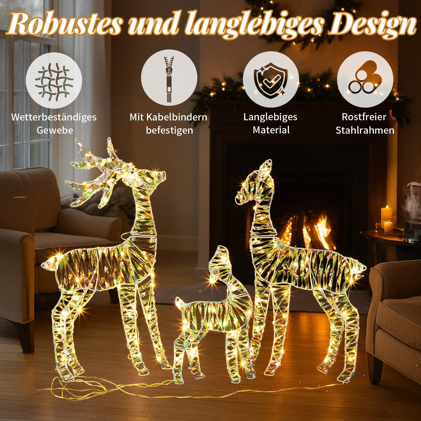 LALAHO Weihnachtsfigur Led Rentier 3Tlg Weihnachtsbeleuchtung, mit 150 LEDs, Rentier Weihnachten Deko für Außen und Innen – Bild 4 von 5