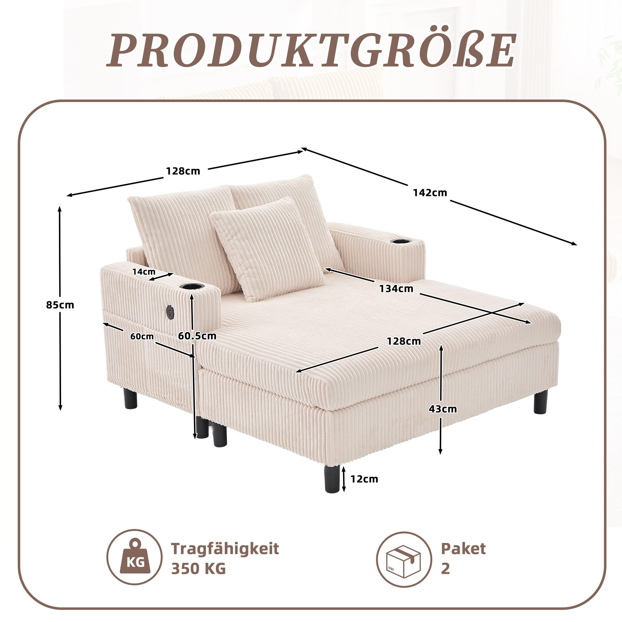 LVHOM Polsterliege XXL Relaxsessel mit LED-Licht & Ladestation - Haustierfreundlich (3 abnehmbare Kissen, große Seitentaschen, USB/Typ-C-Ladeanschlüssen, Getränkehalter, Großer Chaiselongue-Sessel, Ottomane in kratzfestem Cordstoff), Ergonomische Polsterung für Wohnzimmer, Büro oder Wintergarten