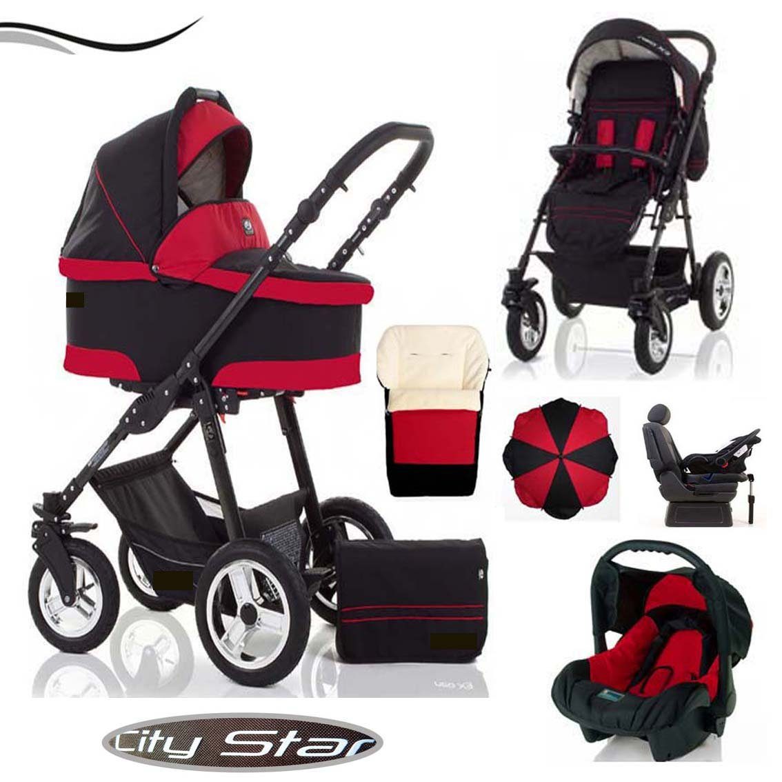 babies-on-wheels Kombi-Kinderwagen City Star 6 in 1 inkl. Autositz und Iso Base - 19 Teile