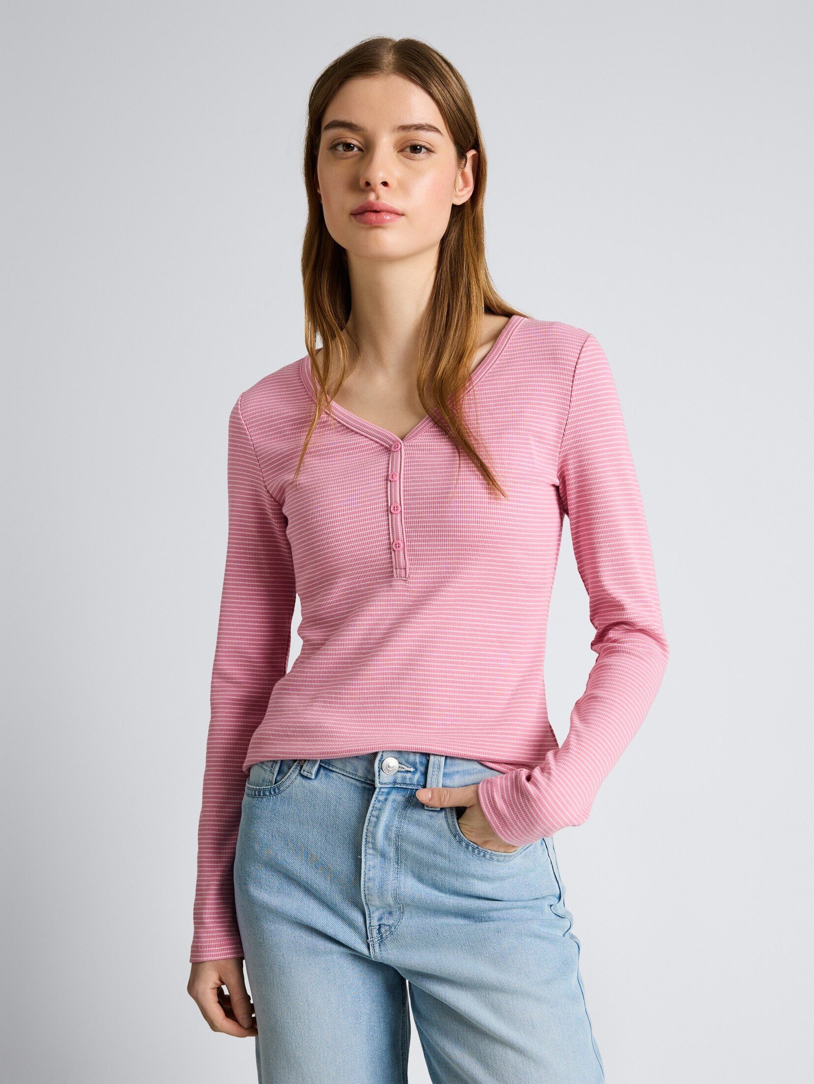 TOM TAILOR Denim Langarmshirt T-Shirt Slim Fit Henley Langarmshirt mit Stre günstig online kaufen