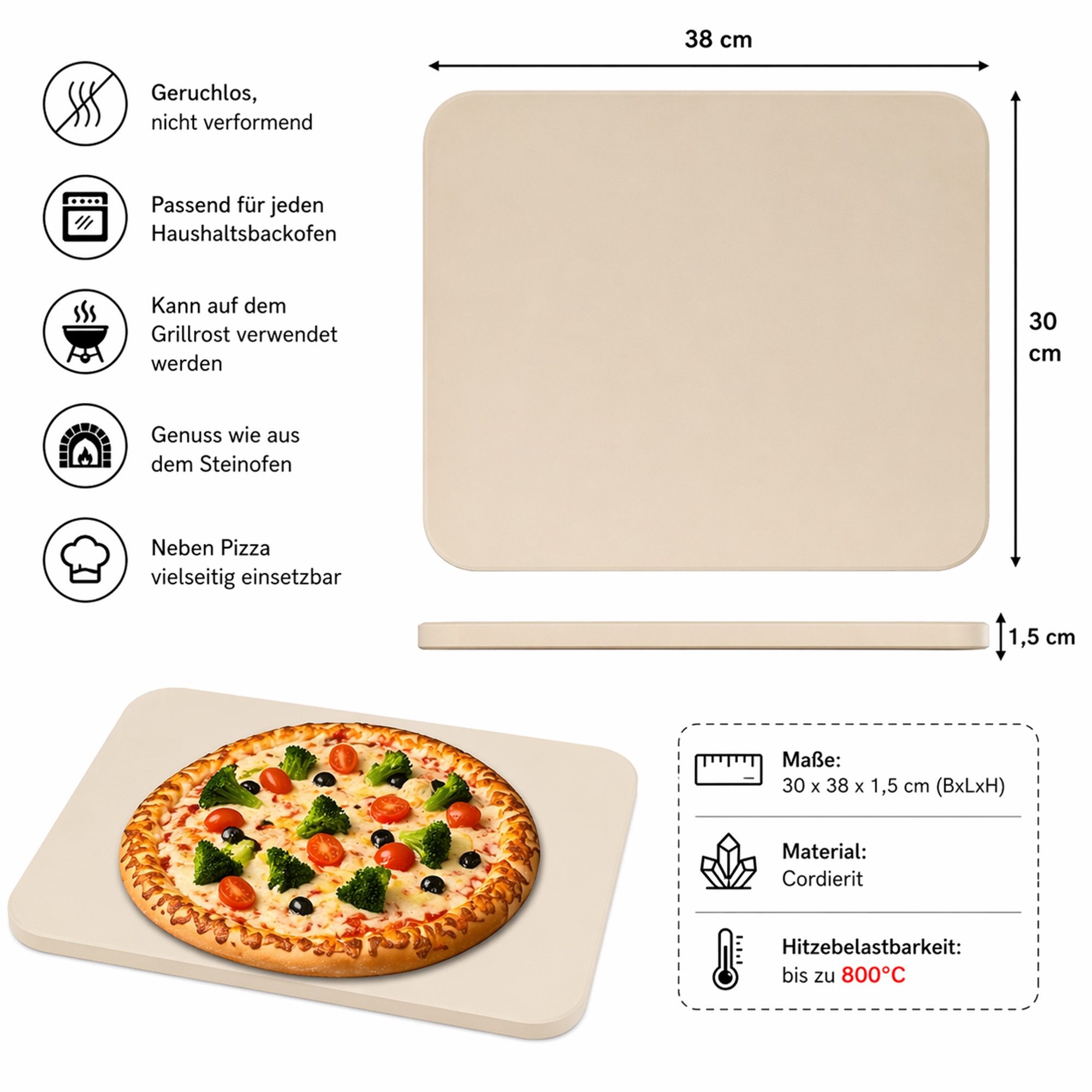 Mucola Pizzastein Pizzastein Brotbackstein Steinofen Cordierit 30x38 CM Beige Gasgrill, Cordierit, (Stück, 1-St., Premium-Pizzastein), Geruchlos, nicht verformend