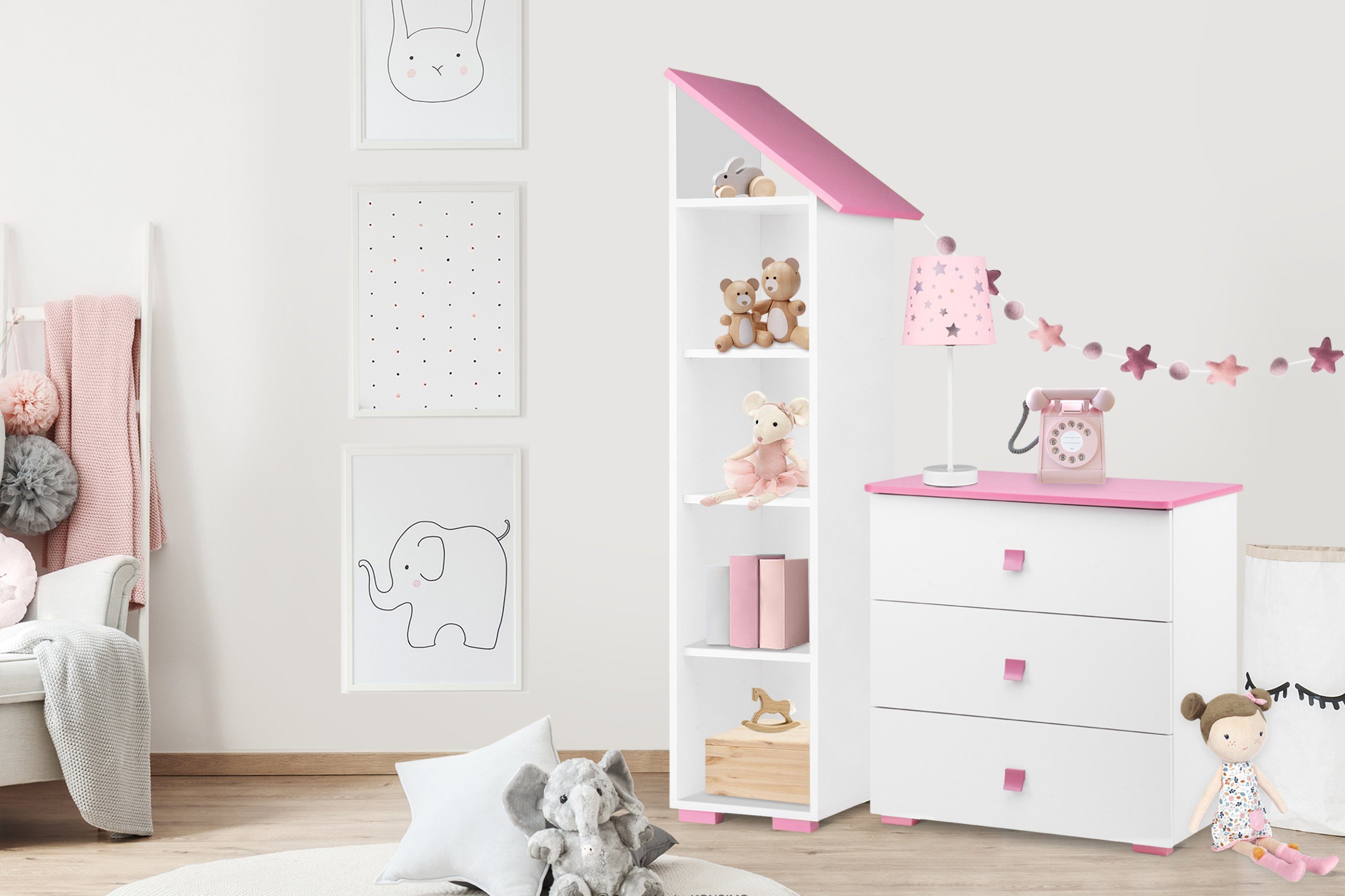 Konsimo Wickelkommode PABIS Kommode und für geräumig für funktionell Kinder, Kommode Kinder, weiß/rosa Pastellfarben, in