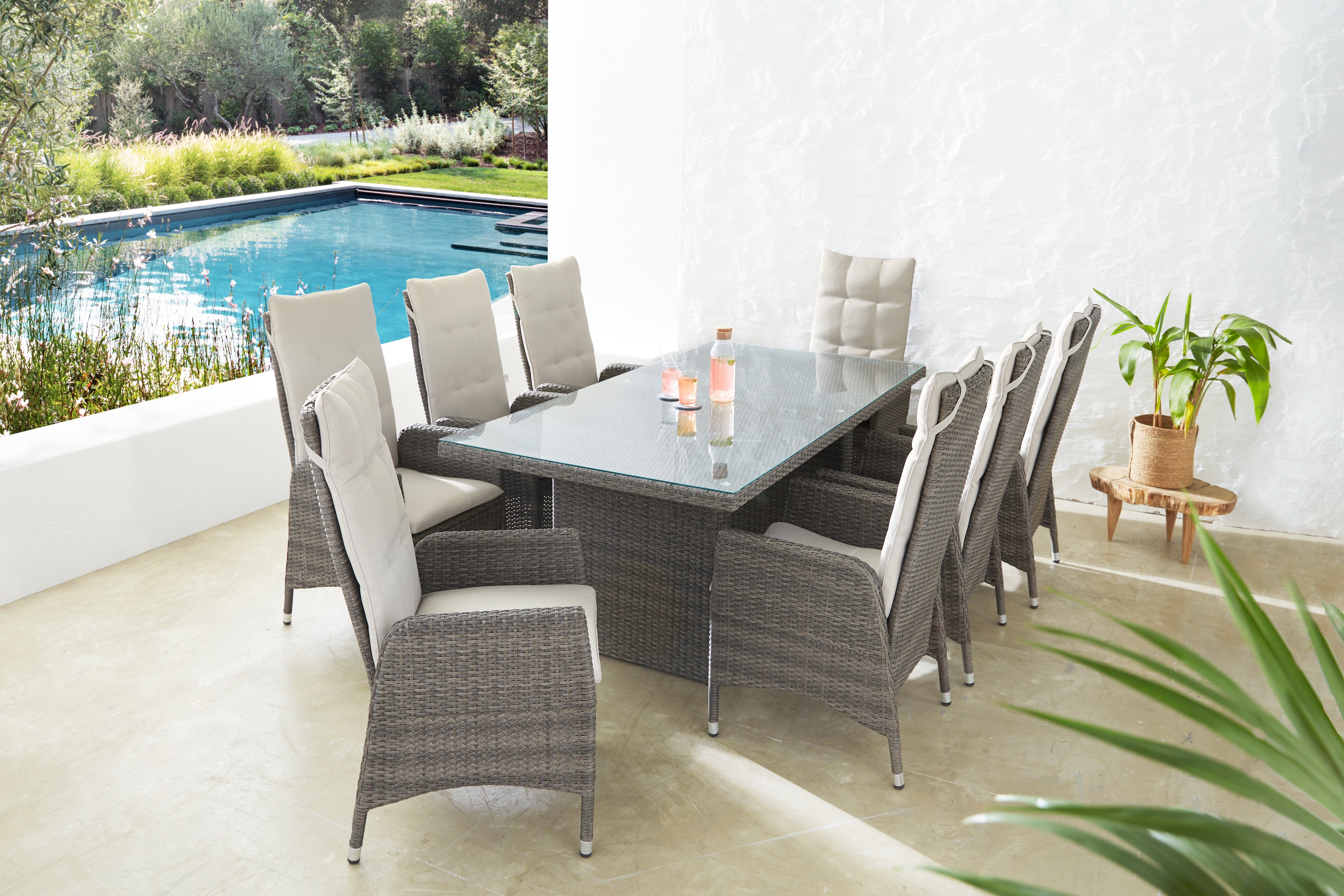 KONIFERA Garten-Essgruppe Casablanca, (Set, 9-tlg., 8x Stuhl, 1x Tisch 200x100x74, Stahl/Polyrattan), inkl. Auflagen