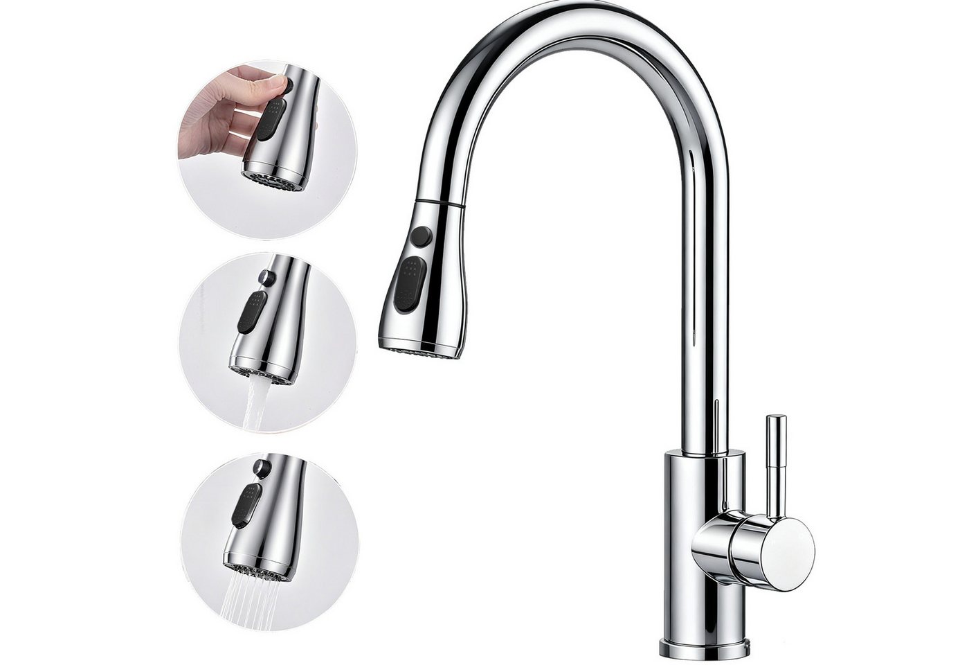 AICA Küchenarmatur Wasserhahn Küche,Spültischarmatur Ausziehbar,Armatur Küche 360° Hochdruck-Einhebelarmatur aus Edelstahl, schwenkbar mit Brause