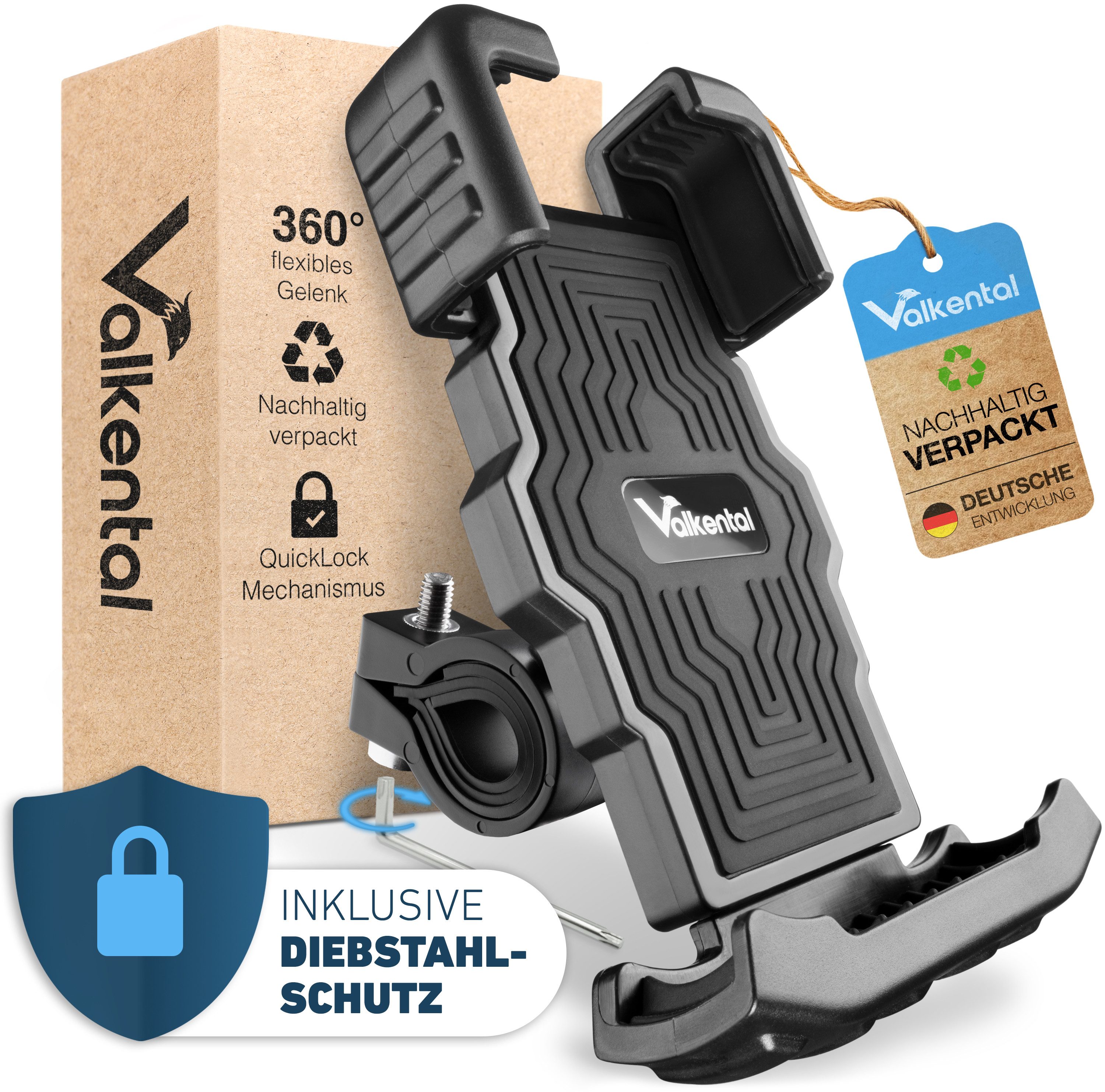 Valkental Handy-Halterung PhoneFix Fahrrad, (für Lenker, werkzeugfrei montierbar & 360° drehbar)