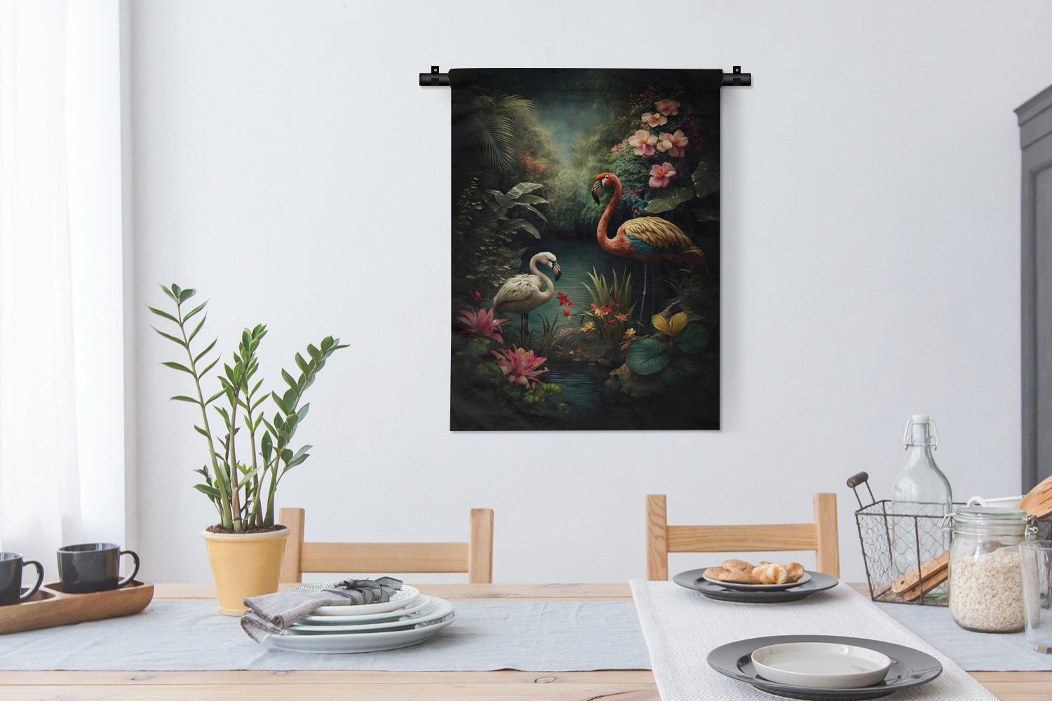 Tapisserie, Schlafzimmer Vögel Wanddekoobjekt - für Dschungel an Wand, - MuchoWow Deko Blumen Wohnzimmer, Natur, - - der Flamingo