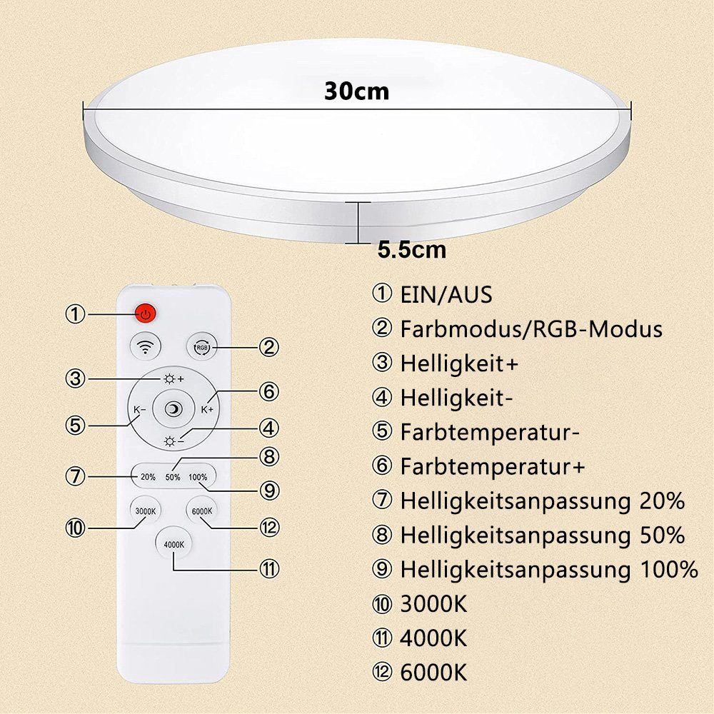 Rosnek LED Deckenleuchte Ø30CM, 24W, RGB, Flush Mount, für Schlafzimmer Bad günstig online kaufen