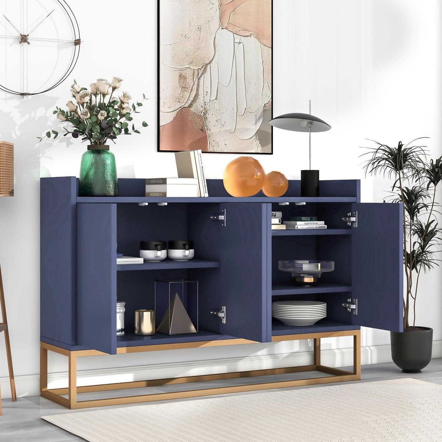 LuxusKollektion Buffet Sideboard griffloser 4 türig Buffetschrank Kommode Blau