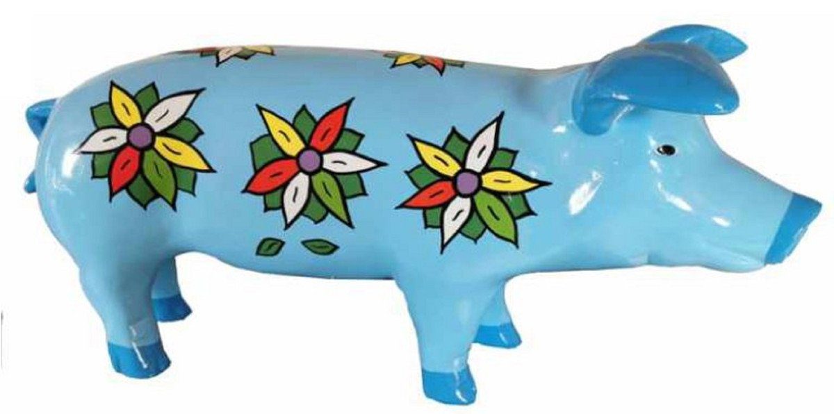 Casa Padrino Skulptur Luxus XXL Skulptur Schwein mit Blumen Design Hellblau / Mehrfarbig 60 x H. 23 cm - Wetterbeständige Deko Skulptur - Wohnzimmer Deko - Garten Deko Gartenskulptur | Skulpturen