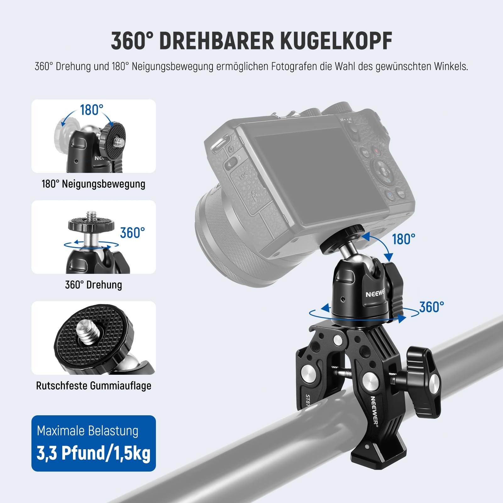 Neewer Action Cam-Halterung ST87 Superklemme mit Kugelkopf, Kaltschuh, Handyhalter, (Packung, Farbe:schwarz, Grundfarbe:schwarz, Action-Kamera-Halterungsadapter, für Flache/runde Oberfläche GoPro DJI)