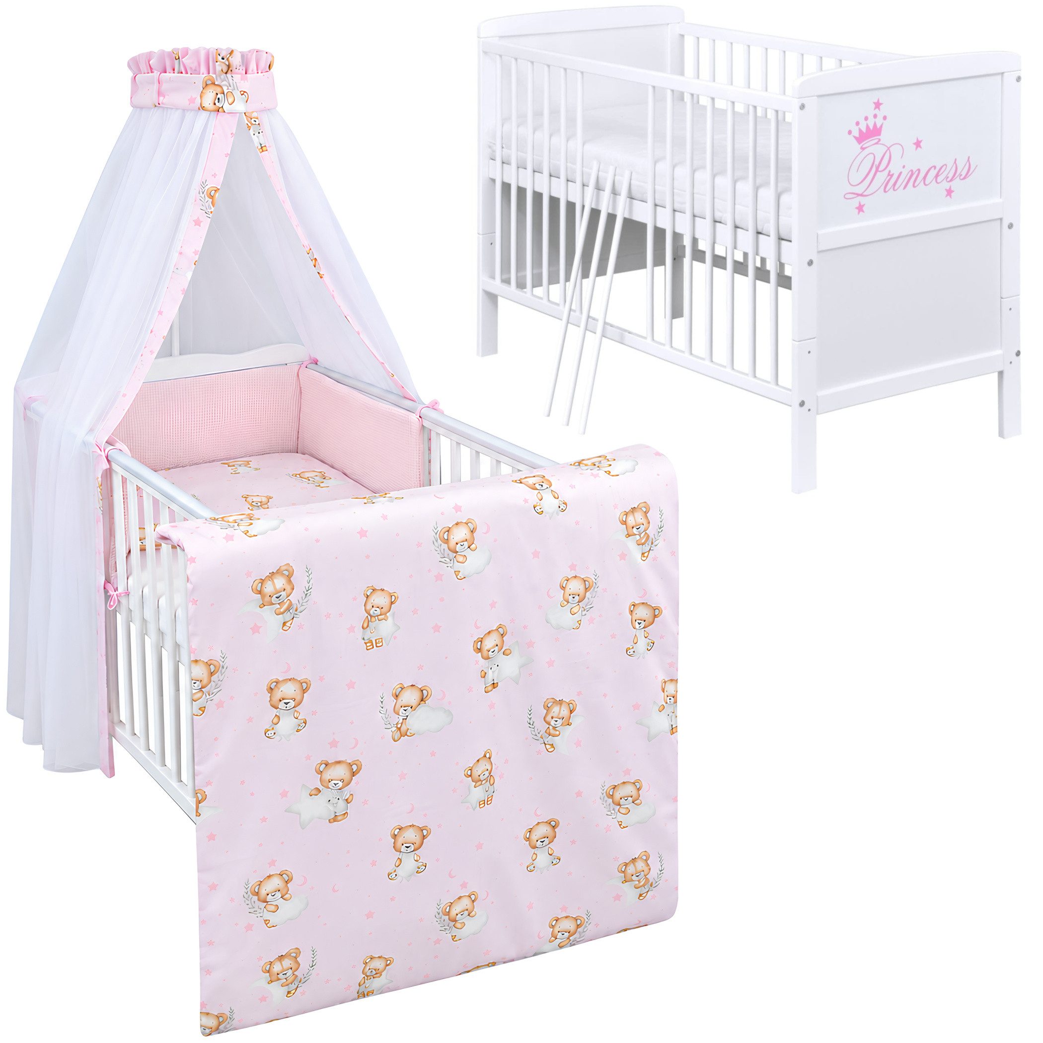 Baby-Delux Komplettbett Babybett Natalie Princess Komplettset, 10-tlg., Kinderbett 70x140 cm weiß, Bettset verschiedene Designs