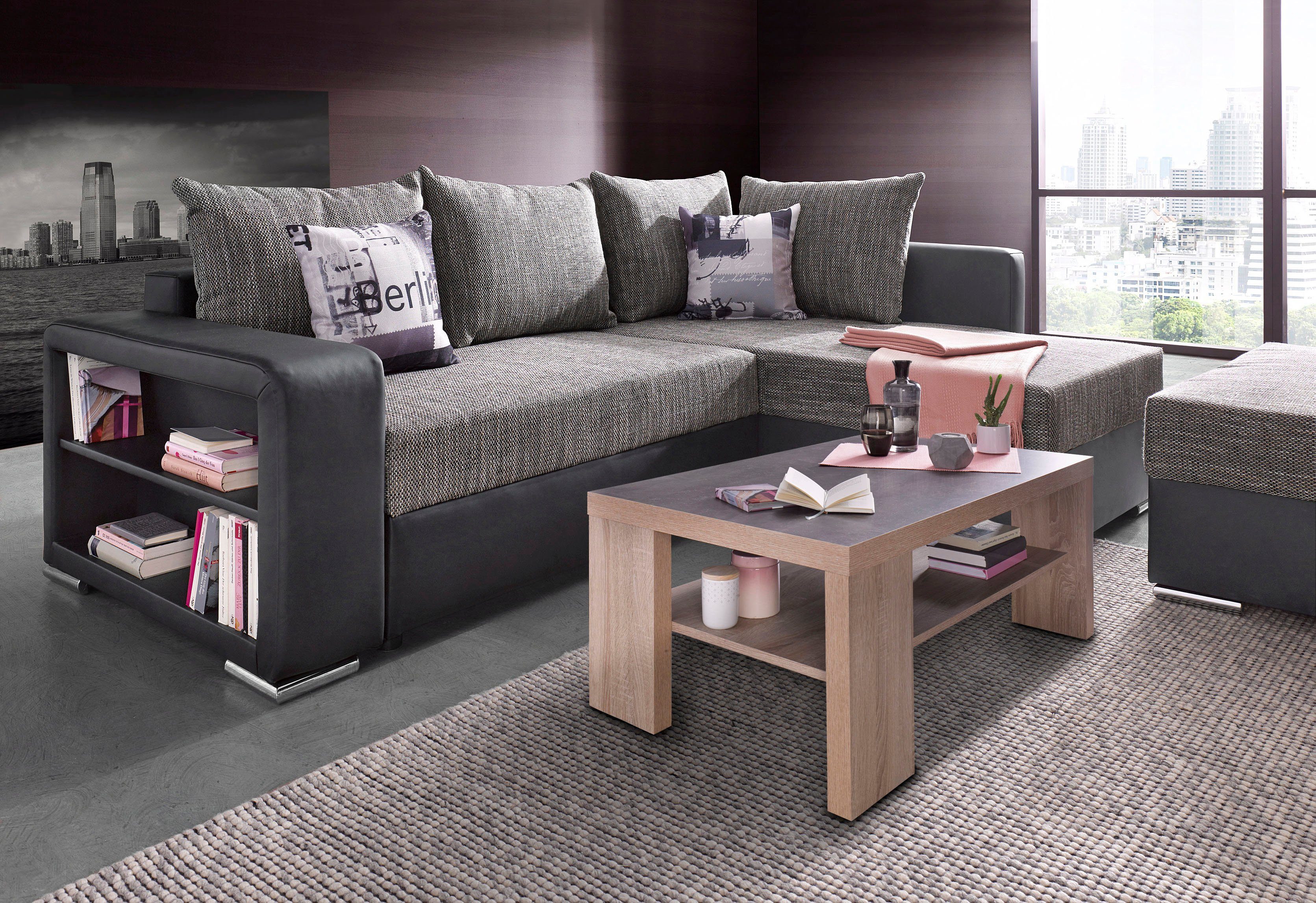 COLLECTION AB Ecksofa John L-Form, B: 226 cm, Bettfunktion, Bettkasten, Regalelement & 2 Zierkissen, Federkern