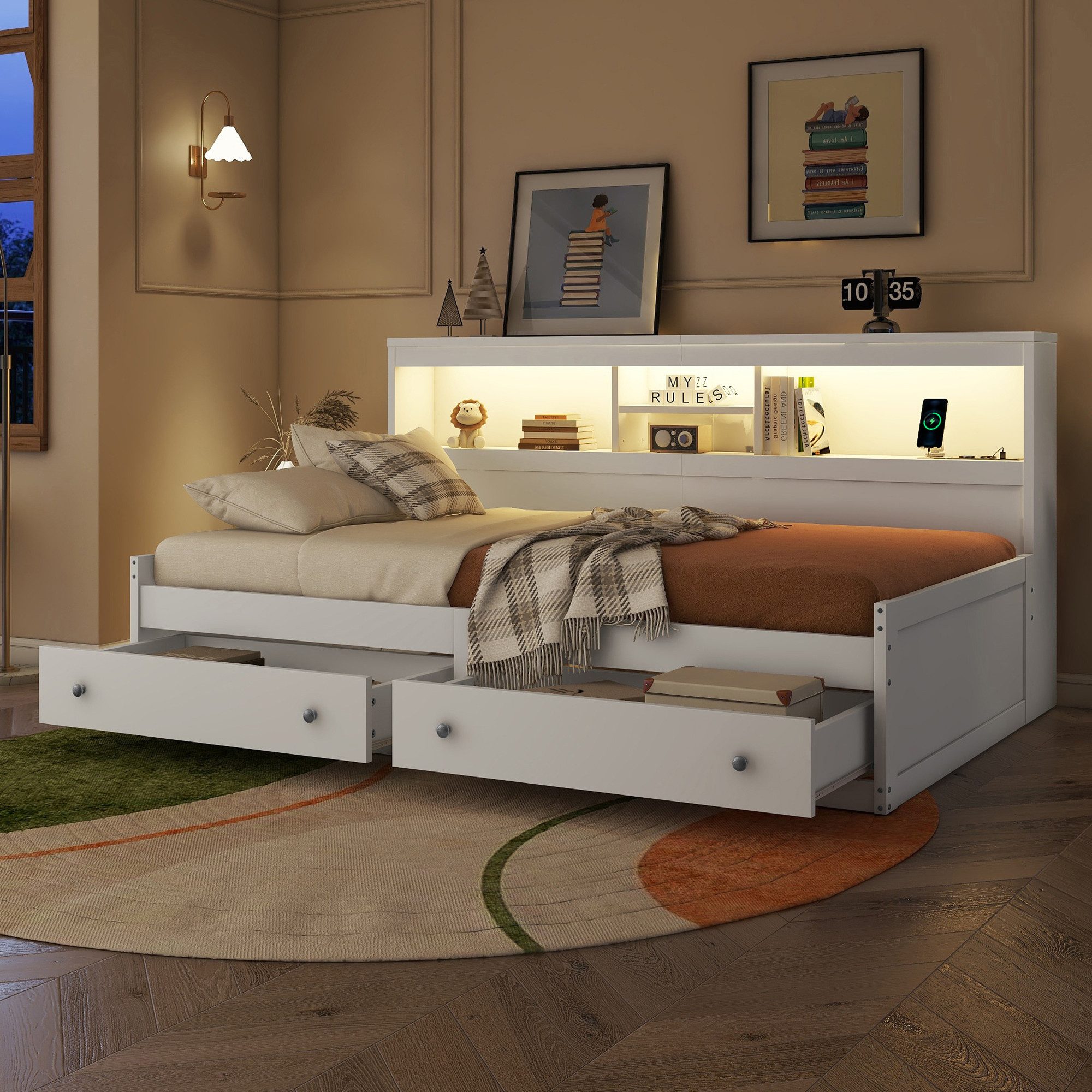 Flieks Kinderbett, LED Daybett Einzelbett 90x200cm mit Ladefunktion und 2 S günstig online kaufen