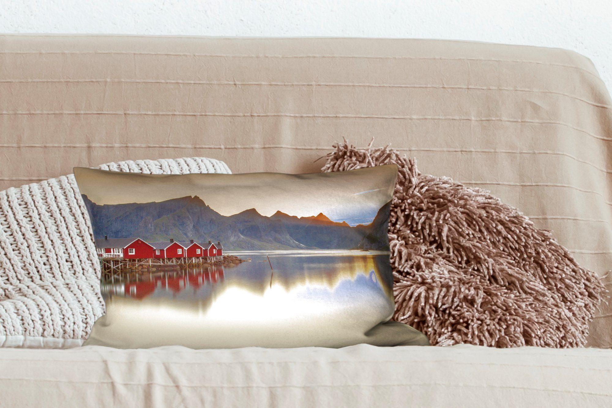 Dekoration, mit auf Schlafzimmer den Wohzimmer Lofoten, Zierkissen, Füllung, Dekokissen Dekokissen MuchoWow Sonnenaufgang