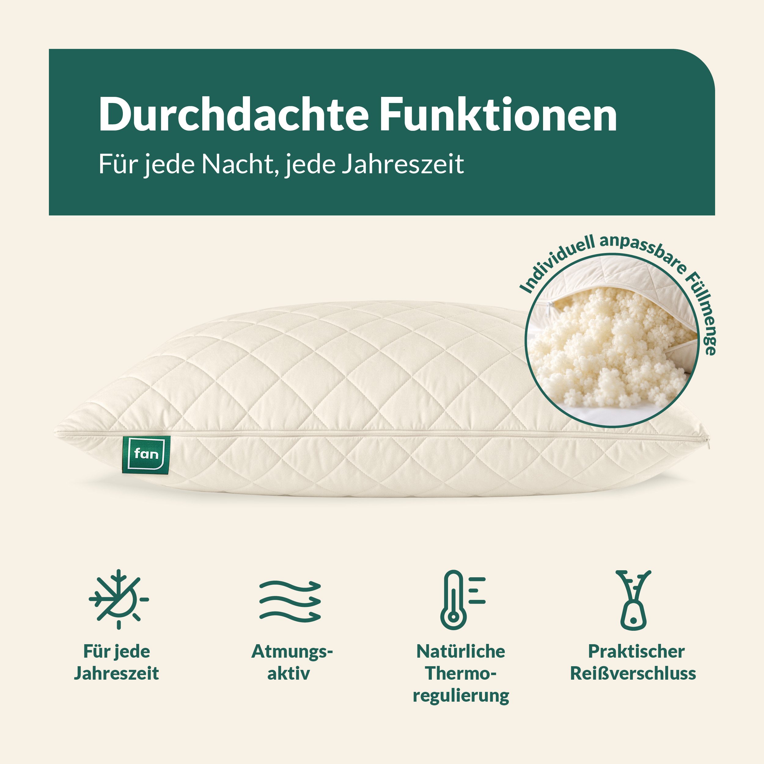fan Naturfaserkissen Gobi, Kopfkissen in 40x80 & 80x80 cm, Made in Germany, Füllung: 97% Wolle, 3% sonstige Fasern, Bezug: 100% Baumwolle versteppt mit 97% Kame – Bild 5 von 5