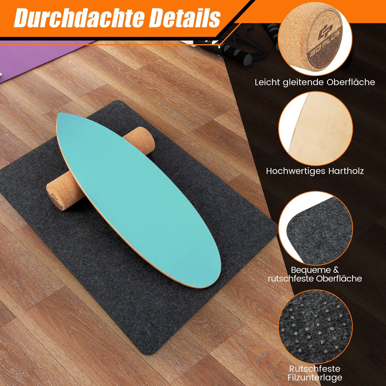 COSTWAY Balanceboard, aus Holz, für zuhause, inkl. Korkrolle, bis 227kg