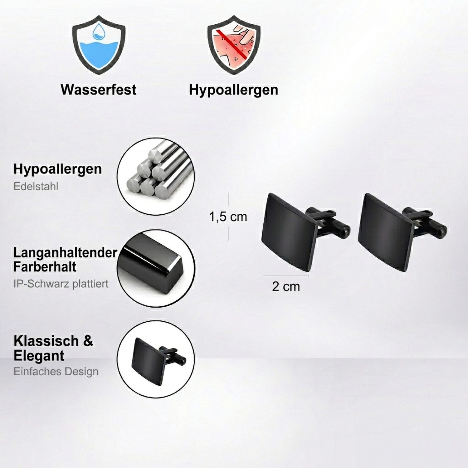 KARMA Manschettenknöpfe Set 2er Set Herren Edelstahl Silber od. Schwarz rechteckig (pflegeleicht, 1-Paar, klassisch modern rostfrei hypoallergen), elegant Busin – Bild 5 von 5