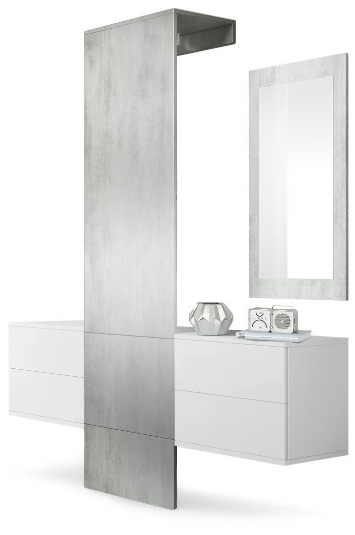 Vladon Garderoben-Set Carlton Set 3, (Wandgarderobe bestehend aus, ​1 Paneel, 2 Schubkastenschränke und 1 Wandspiegel), Weiß matt/Beton Oxid Optik (157 x 193 x 35 cm)