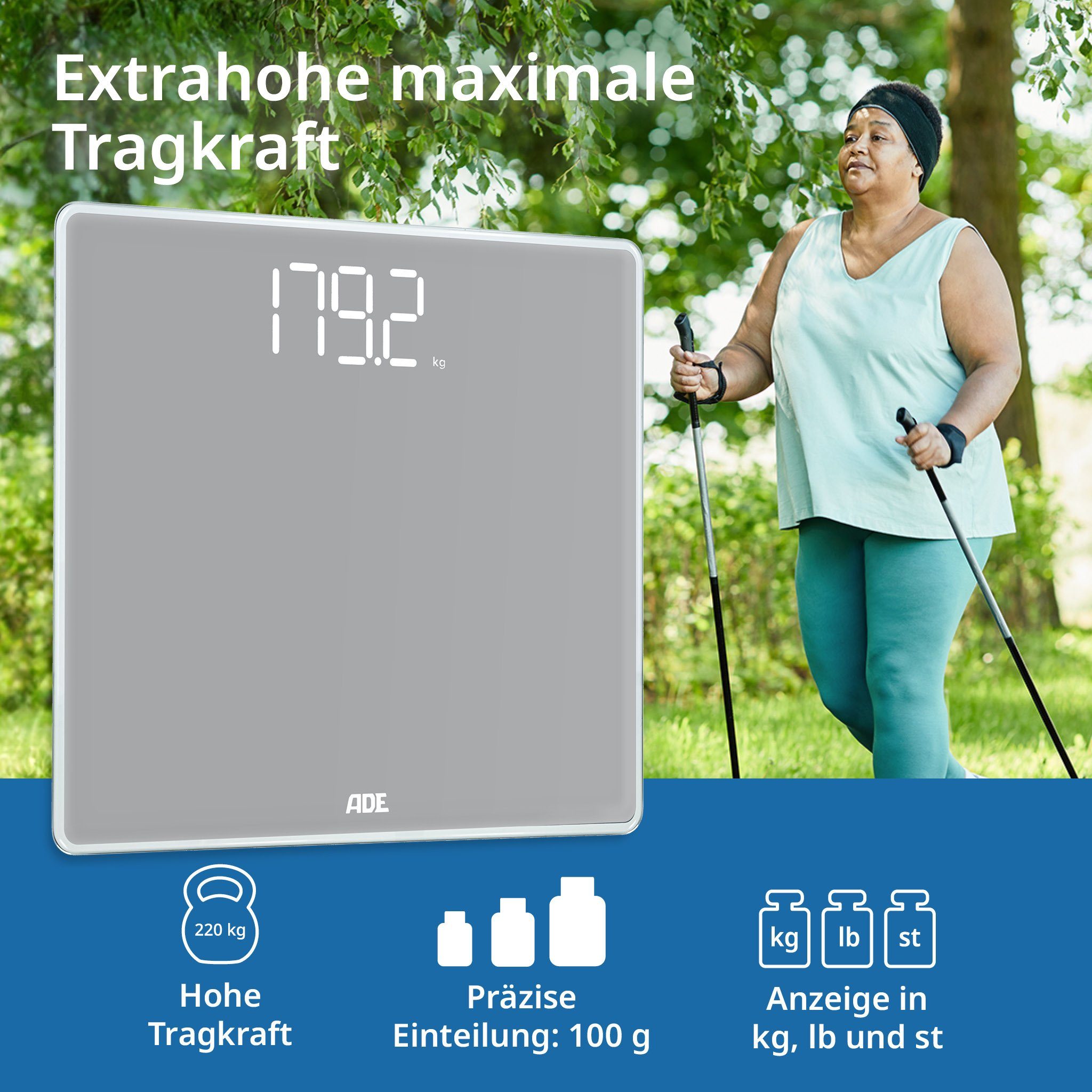 ADE Personenwaage Digitale Körperwaage mit extrahoher Tragkraft bis 220 kg, unsichtbares Magic Display, große Trittfläche aus Sicherheitsglas