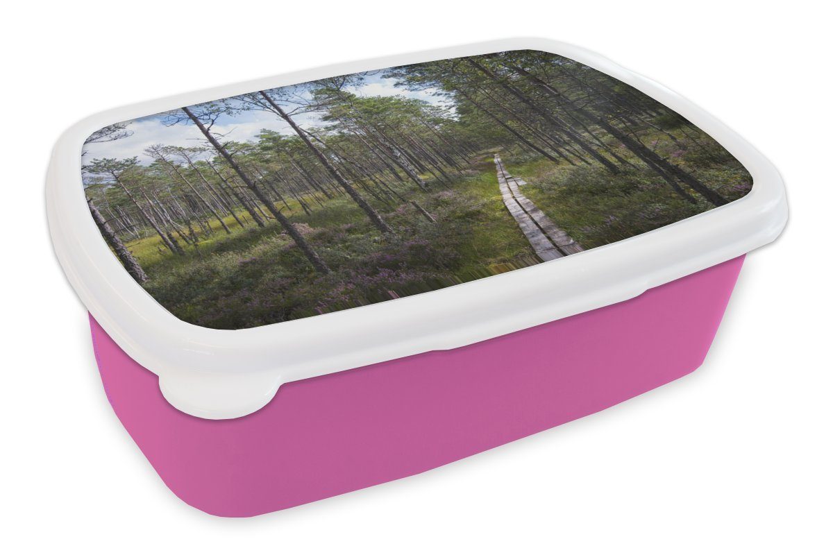 MuchoWow Lunchbox Ein Weg durch die Wälder des Store Mosse Nationalparks in Schweden, Kunststoff, (2-tlg), Brotbox für Erwachsene, Brotdose Kinder, Snackbox, Mädchen, Kunststoff rosa