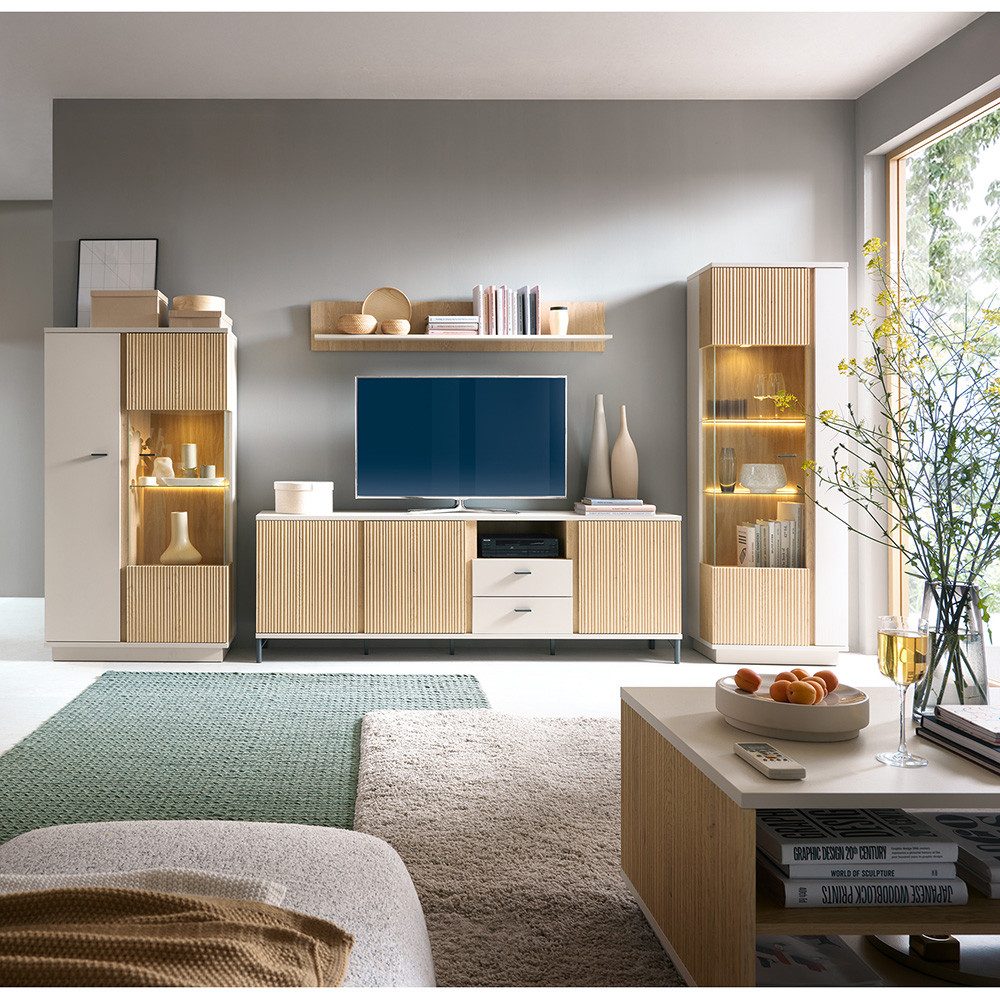 Lomadox Wohnzimmer-Set MOLINA-129, (Mega-Spar-Set, 5-St., Highboard Lowboard Vitrine Couchtisch Wandregal), Wohnzimmermöbel in Eiche & kaschmir mit Softclose & LED-Beleuchtung