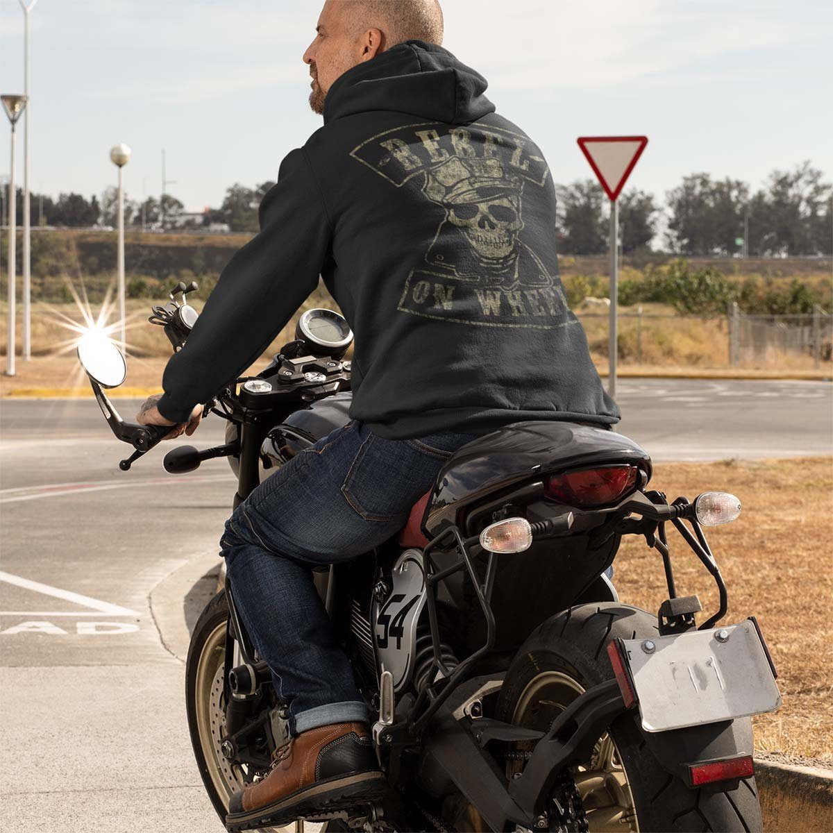 Skull Hoodie / Rebel Brando Motorrad On Schwarz Zip Wheels Kapuzensweatjacke mit Motiv Biker Kapuzenjacke,