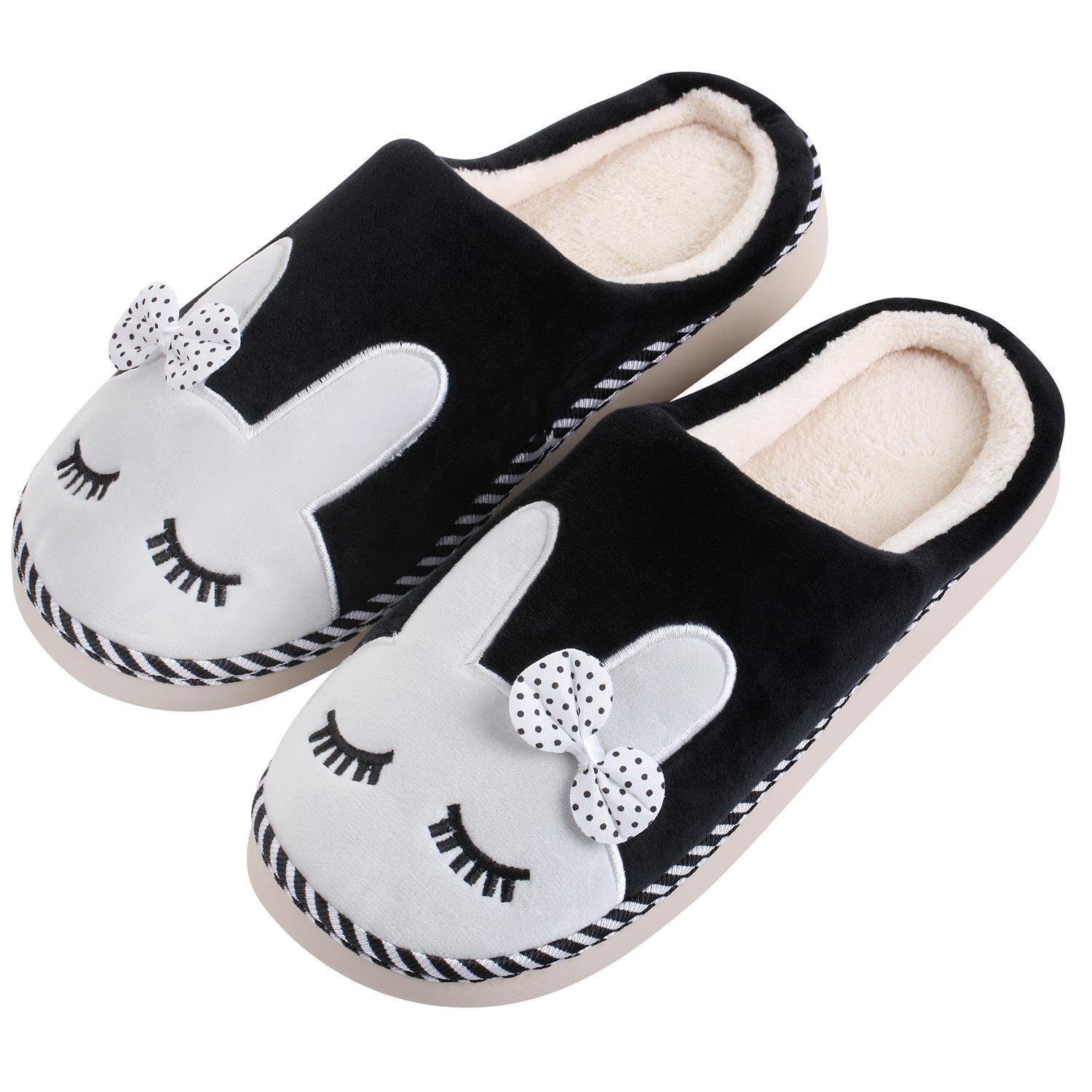 Katara Tier Pantoffeln Gr. 34-41 (Einhorn, Katze, Hase) Plüsch Hausschuhe Hausschuhe, weich, warm, süß, kuschelig, Plüsch Kaninchen (Schwarz)