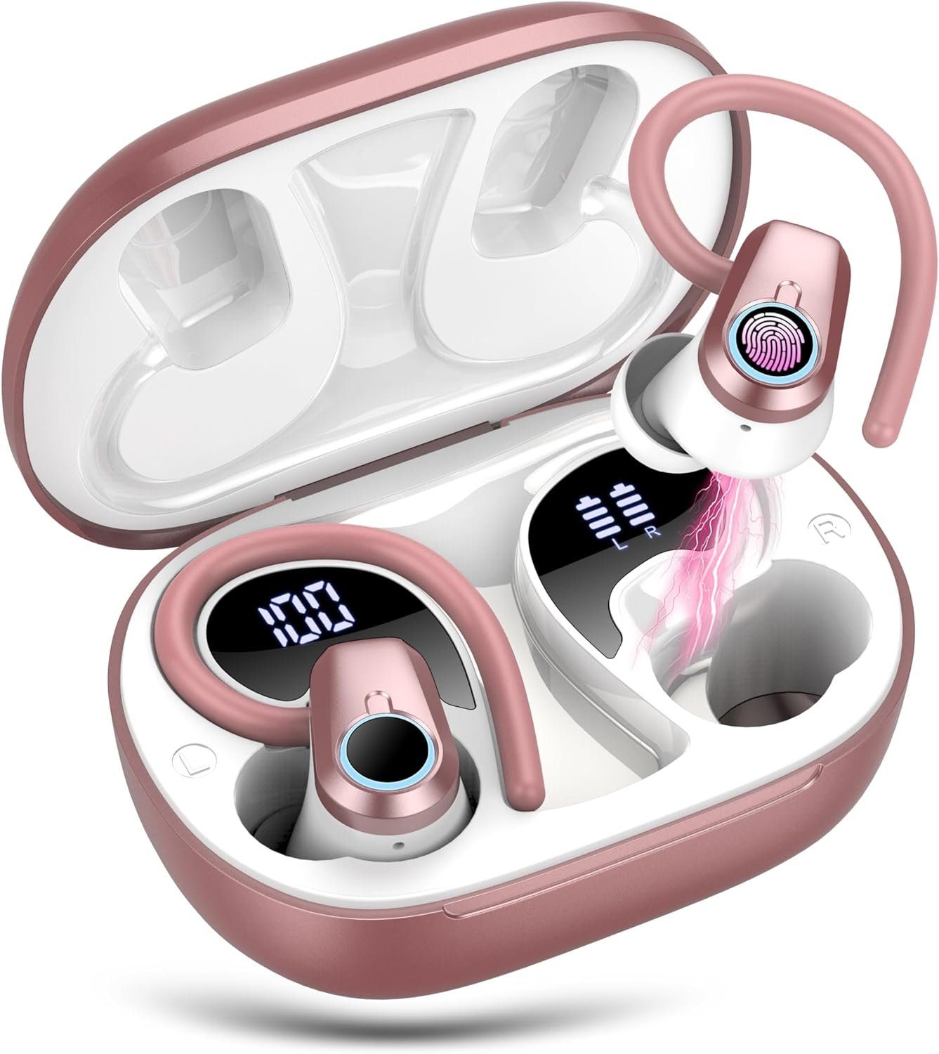 Poounur Kabellos Bluetooth 5.3, 50Std Ultraleicht Earbuds mit Bügel In-Ear-Kopfhörer (Kristallklarer Sound und tiefe Bässe, dank 13 mm dynamischer Spule., Noise Cancelling OhrhörerHiFi StereoLED Anzeige IP7 Wasserdicht Joggen)