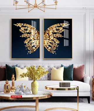 TPFLiving Kunstdruck (OHNE RAHMEN) Poster - Leinwand - Wandbild, Nordic Art - Goldener Schmetterling / Goldene Flügel - (8 verschiedene Größen zur Auswahl - Bilder Wohnzimmer), Farben: Gold, Blau - Größe: 21x30cm