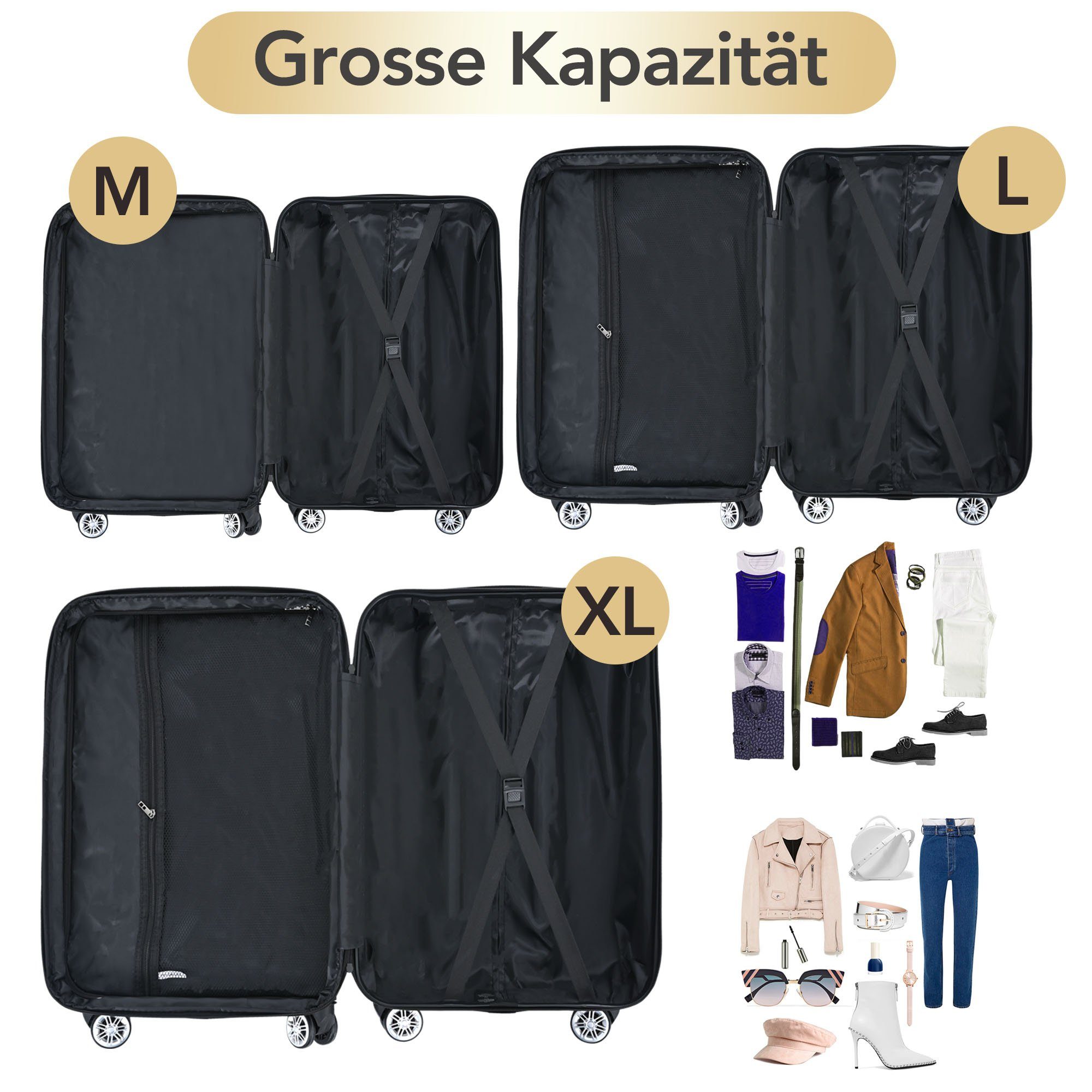 Rollen, Gepäck Doppelrollen 4 TSA-Zahlenschloss Reisekoffer Sweiko mit aus und Sets ABS Hartschalen-Trolley,