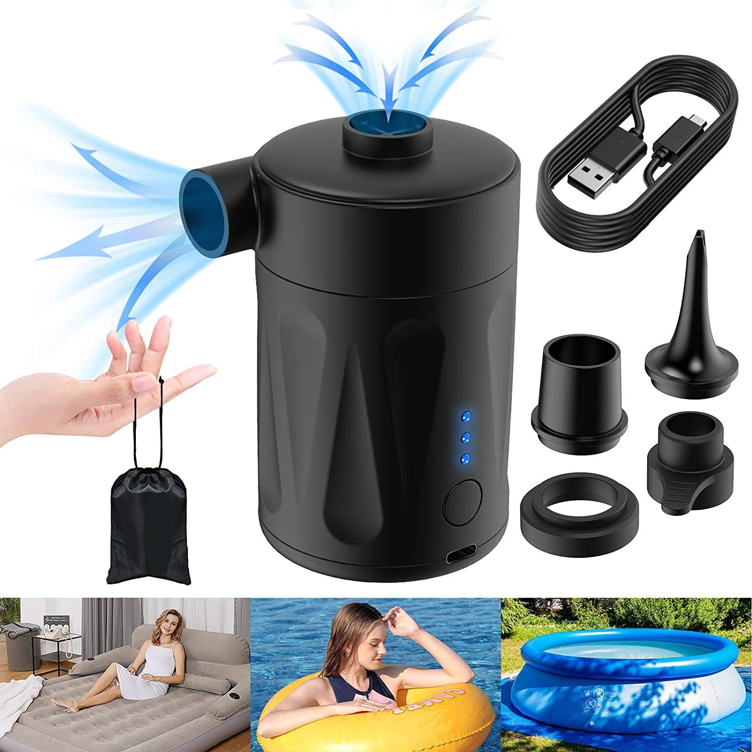 ibettertec Akku-Luftpumpe Elektrische Luftpumpe, 2 in 1 Aufblasen und Entleeren (Tragbare elektrische Luftpumpe USB Wiederaufladbare Pumpe, mit 3 Luftdüse, für Pool Camping), Luftmatratz Schwimmring Schlauchboot Boot