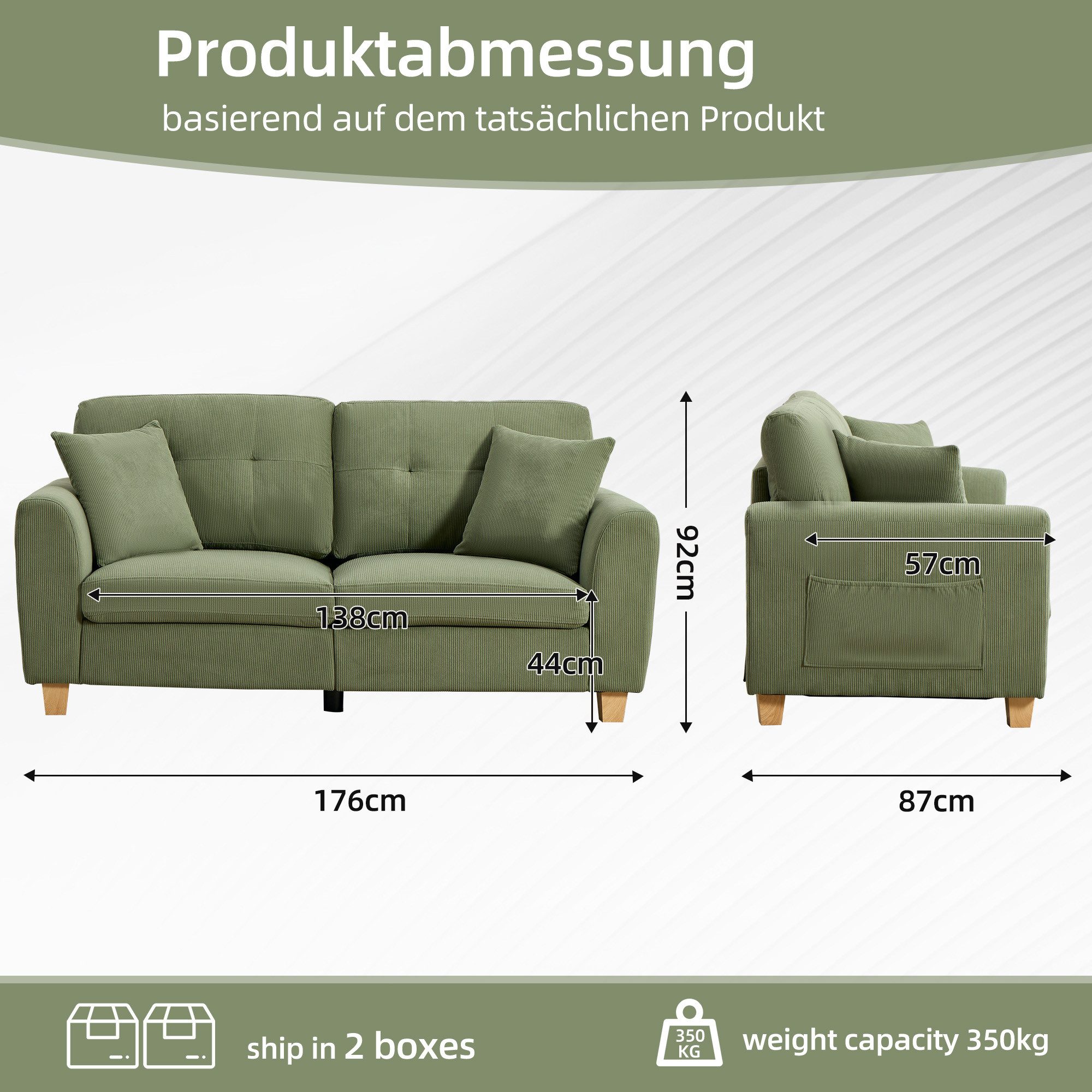 CANMOV Schlafsofa Canmov 2&3 Sitzer Sofa, Sofas Wohnzimmer mit Seitentasche & Kissen, kleines sofa, schlafsofa dauerschläfer, 176cm Breite, couch