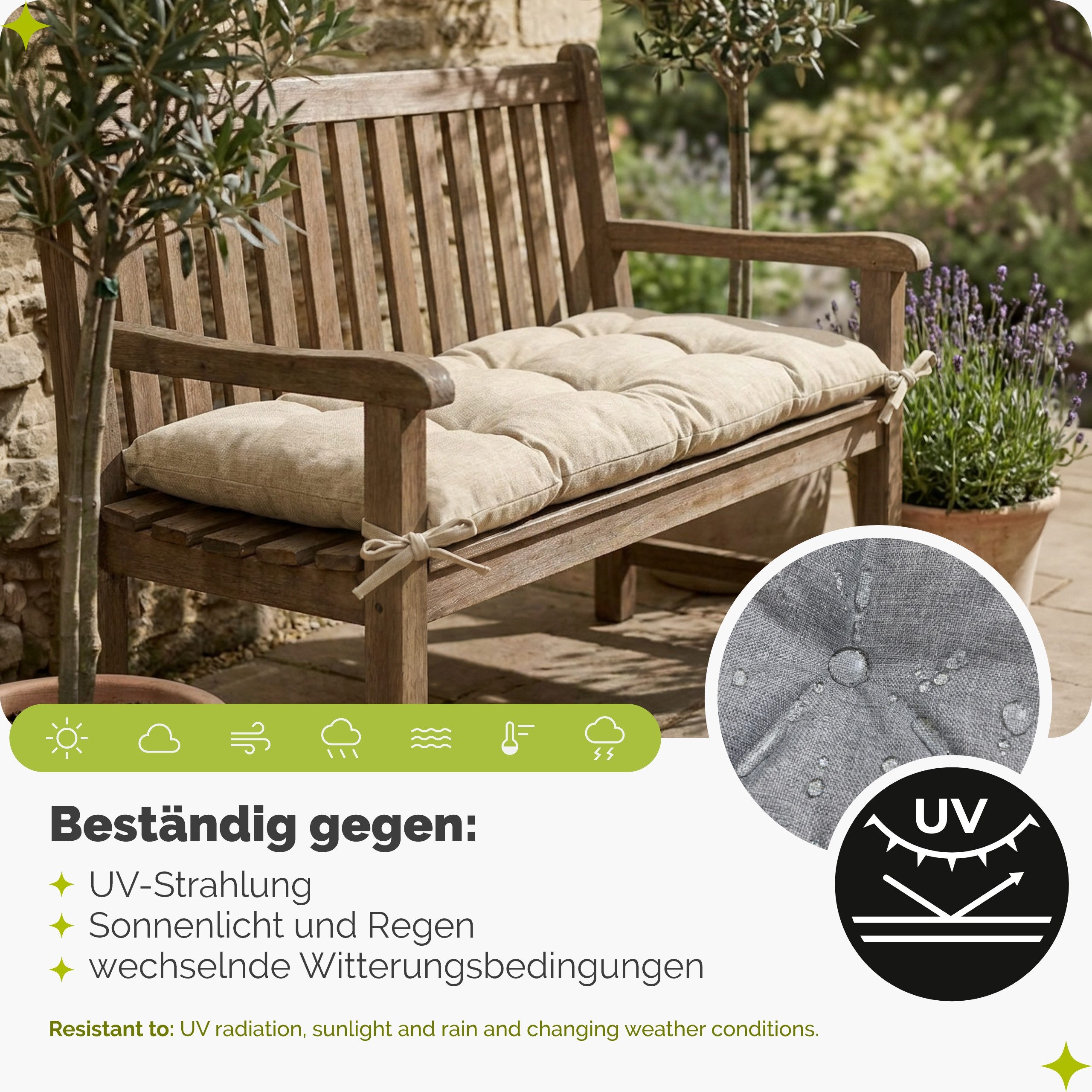 Garronda Bankauflage 100-180 cm, ca. 10 cm dick, Sitzkissen Outdoor GD-0219, (1 St), Hypoallergen, UV-beständig, Wasserbeständig – Bild 4 von 5