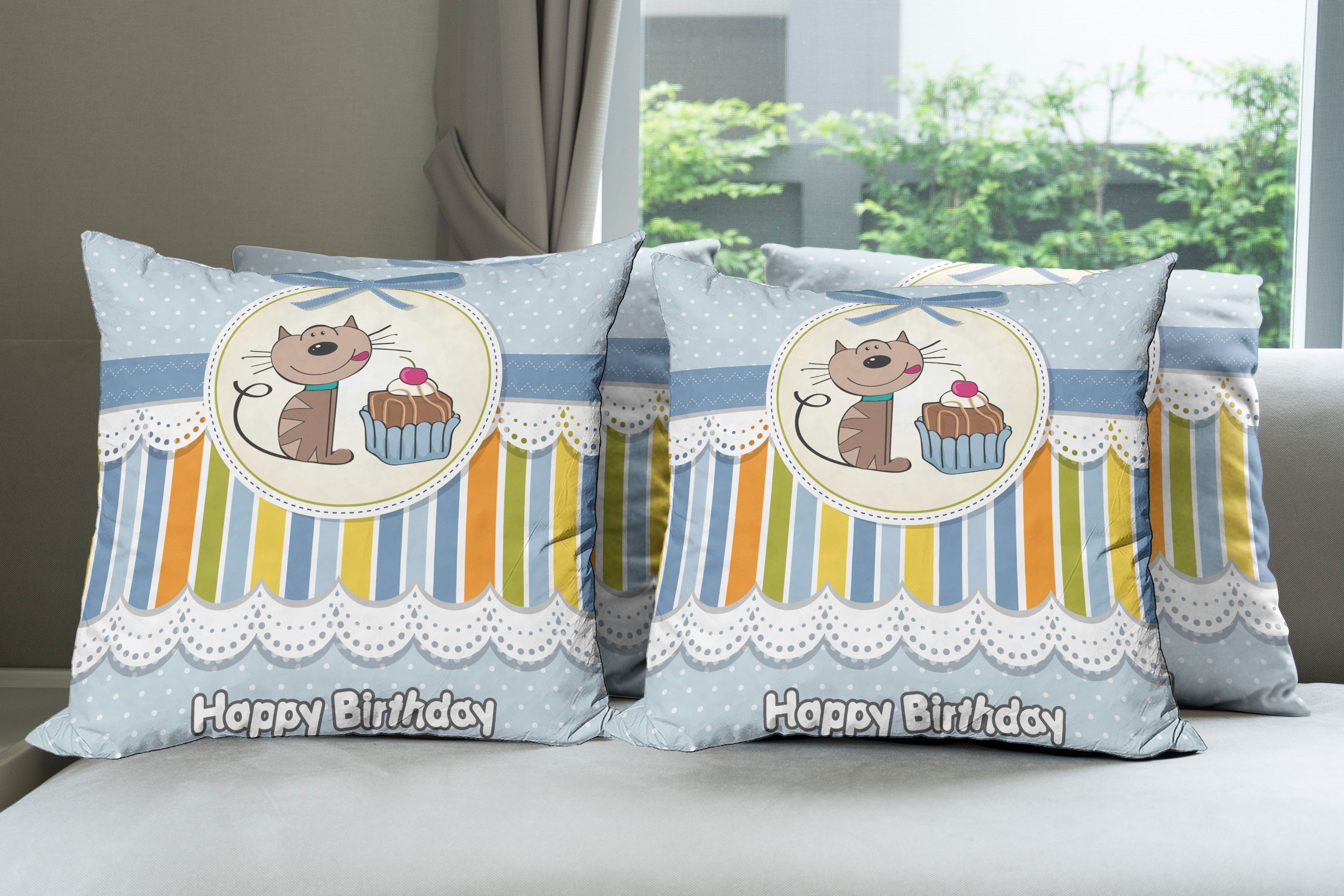 Doppelseitiger Kissenbezüge Stück), Baby-Katze Geburtstagsparty Digitaldruck, Kuchen Abakuhaus Modern (4 Accent mit