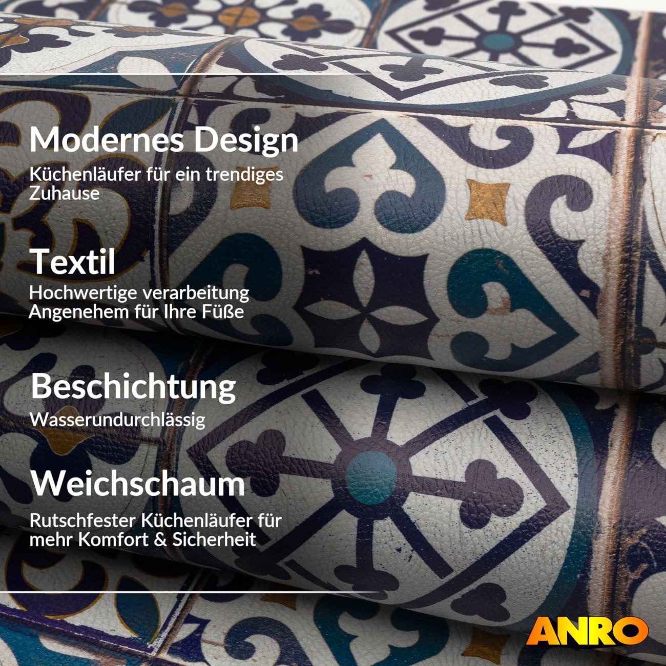 ANRO Küchenläufer abwaschbar Arabesk LADY Läufer stark pflegeleicht Küchenteppich, Rechteckig, Höhe: 3 mm, robust schmutzabweisend 67x100cm Boho Blau robust – Bild 2 von 5