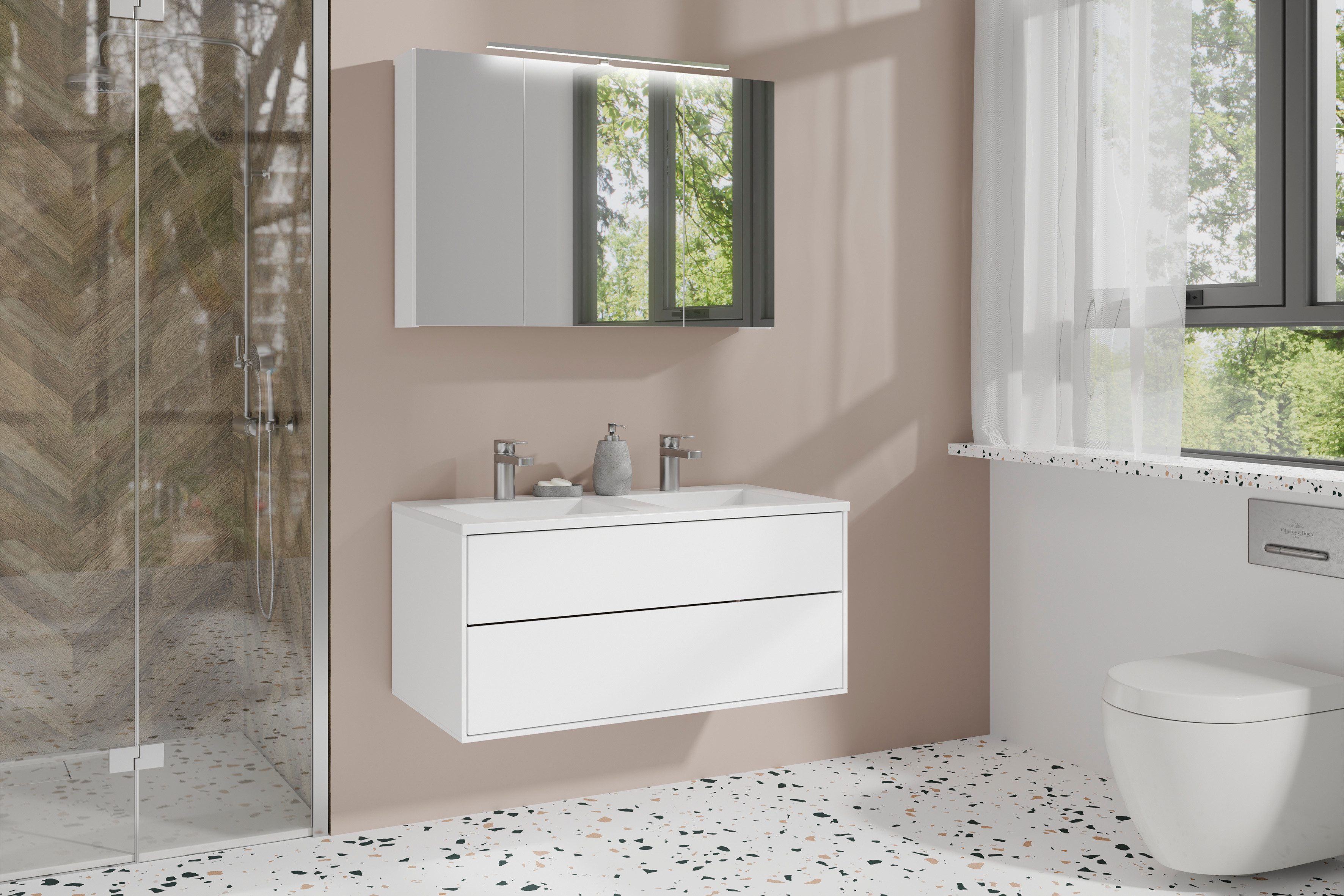 byLIVING Spiegelschrank Serie Spree, in vielen Breiten erhältlich Soft-Close, LED Beleuchtung mit Schalter- und Steckdosenbox