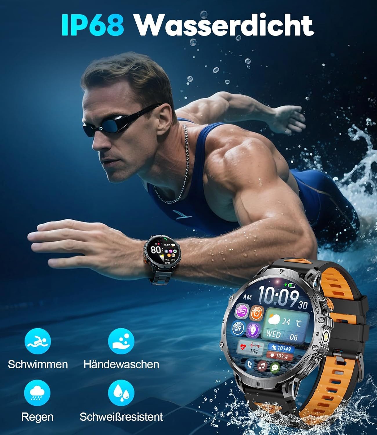 Lige Herren"s Militär Design; mit LED-Licht, Bluetooth-Anrufe, IP68 Smartwatch (4,6 cm, Android iOS), Robustes Touchscreen Gerät mit 110 Sportmodi und Mega Akku
