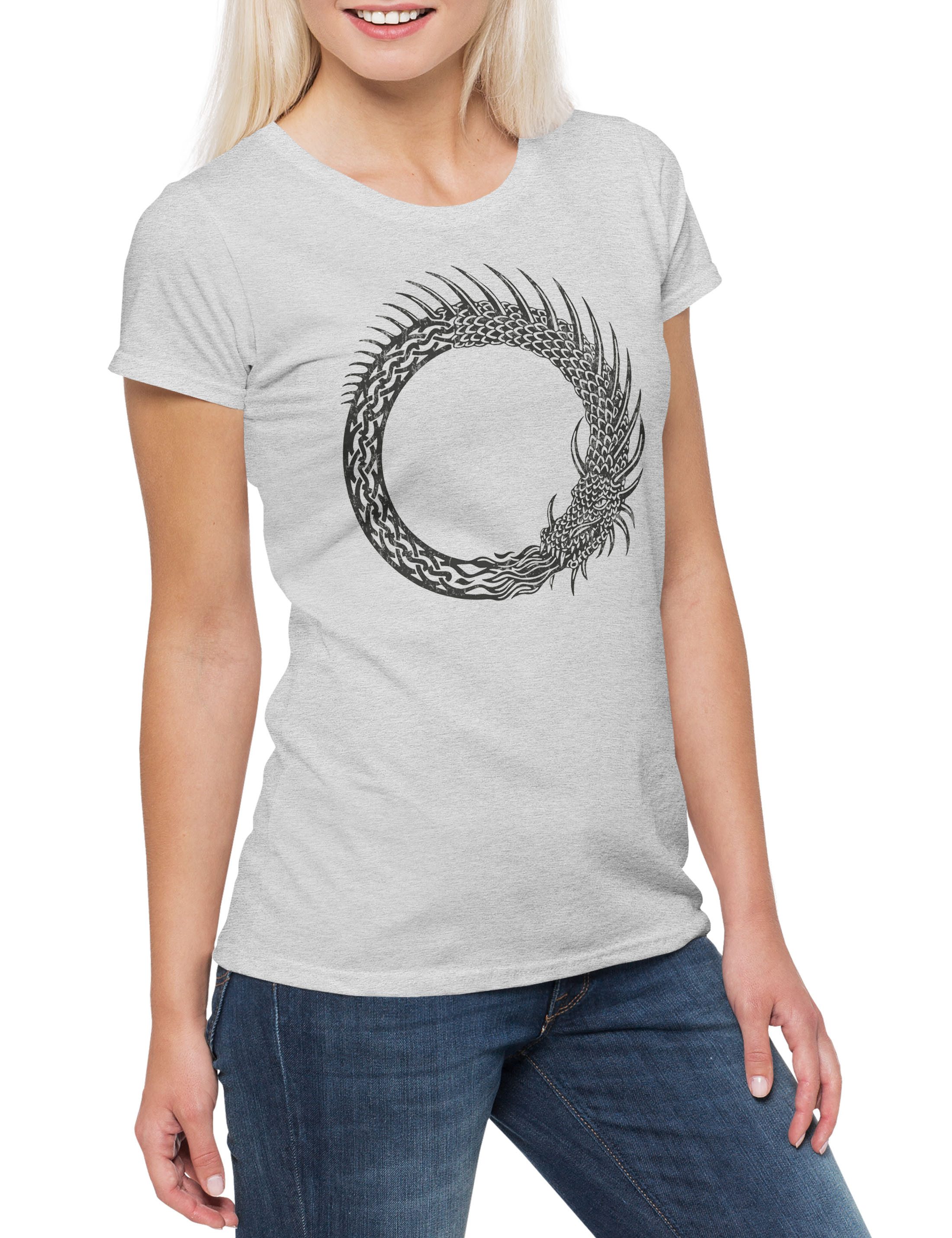 Print-Shirt Norse Dragon Damen T-Shirt Drache Symbol Vikings Tyr Odin Thor Mjölnir