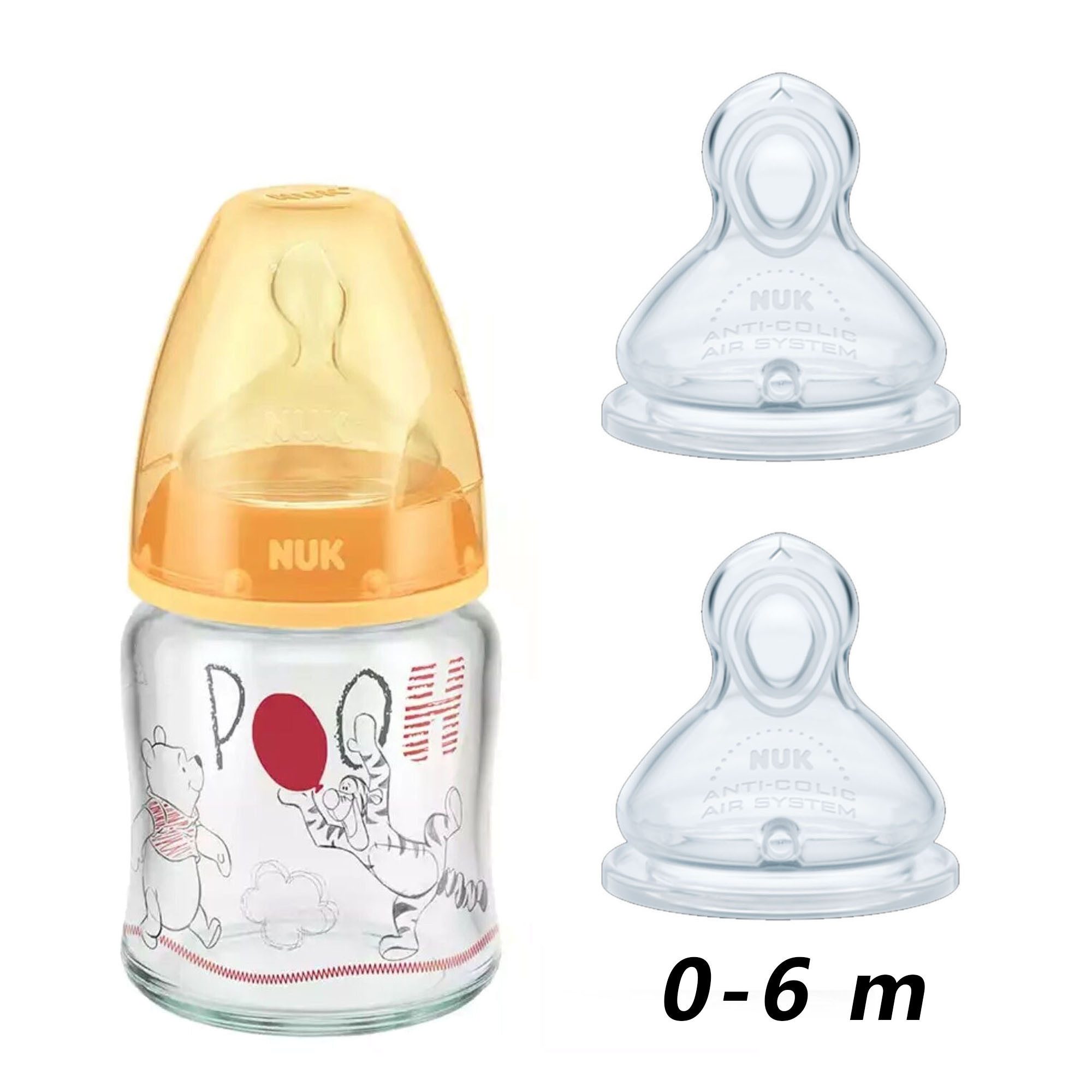 NUK Babyflasche NUK Baby-Glasflasche 120 ml 1M + Extra 2er Silikonsauger 0-6 1M