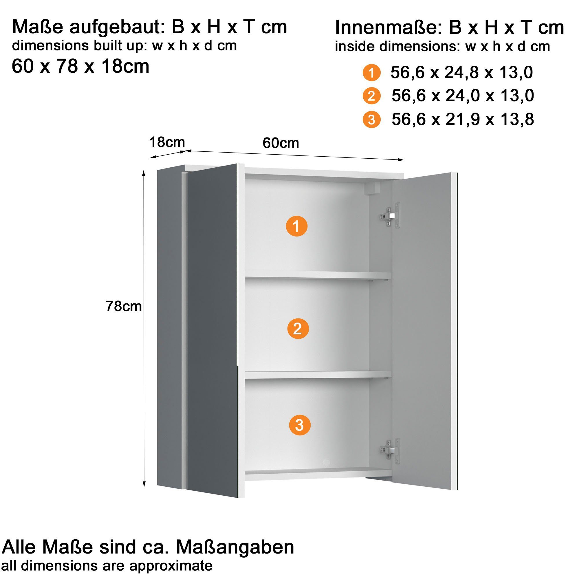 welltime Spiegelschrank Prag (1-St) Badmöbel Breite 60cm mit Spiegelglastüren, zwei