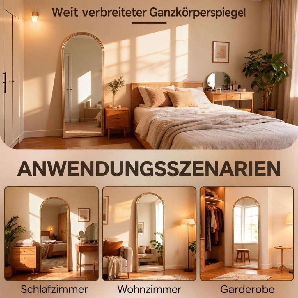 Aiorber Standspiegel Aiorber-Bogen Ganzkörperspiegel Holzrahmen 50x160cm (Einzelspiegel), Stepped arched wooden frame, HD reflection – Bild 5 von 5