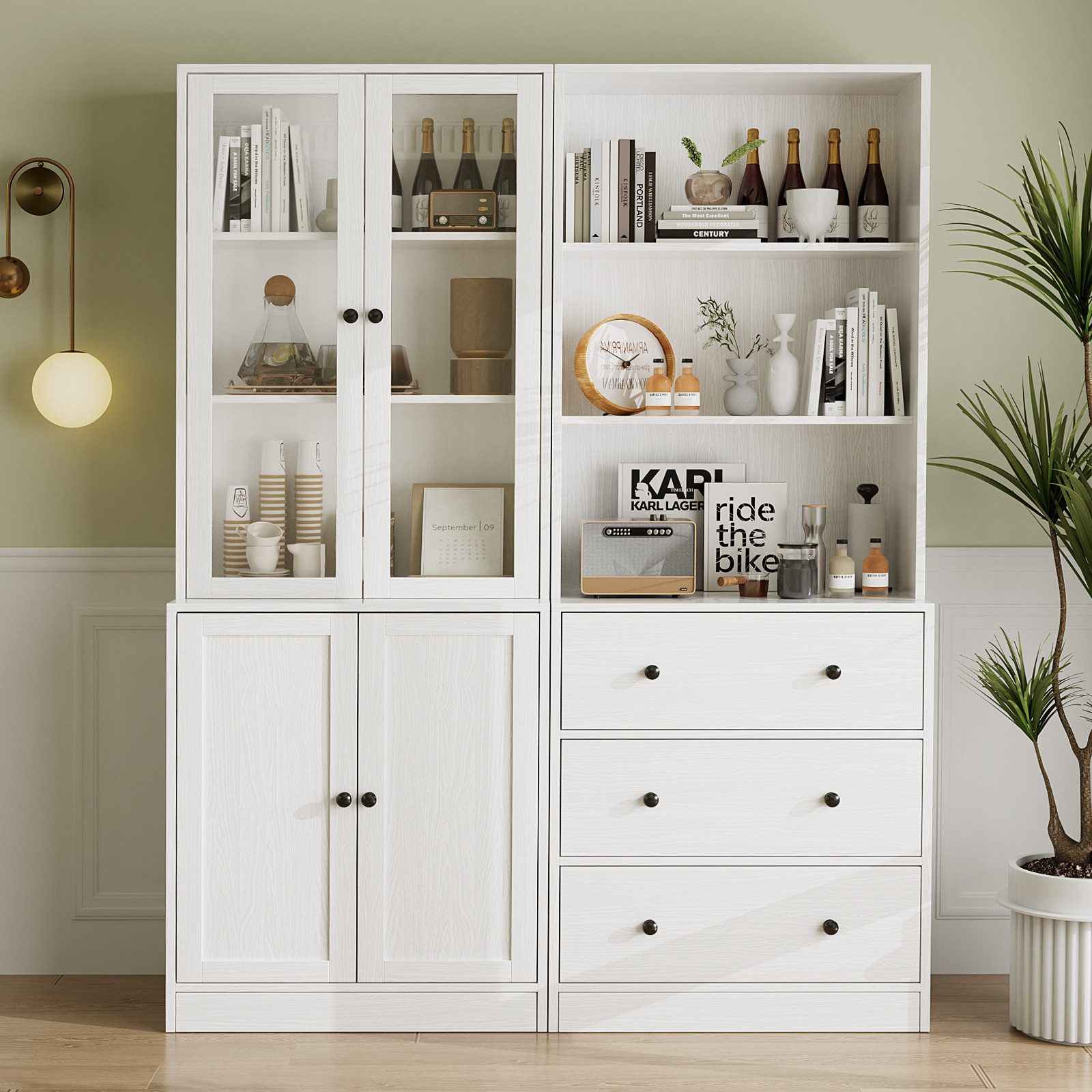 VOWNER Bücherregal 5-stöckiges Bücherregal mit Glastüren, 180 cm Vitrinenschrank, 2-tlg., multifunktionaler Küchenschrank Hochschrank & Buffetschrank