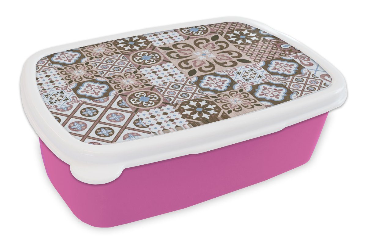 MuchoWow Lunchbox Muster - für Brotdose (2-tlg), rosa Erwachsene, - Kunststoff Mädchen, Snackbox, Kunststoff, Blumen Formen, Kinder, - - Brotbox Braun Vintage