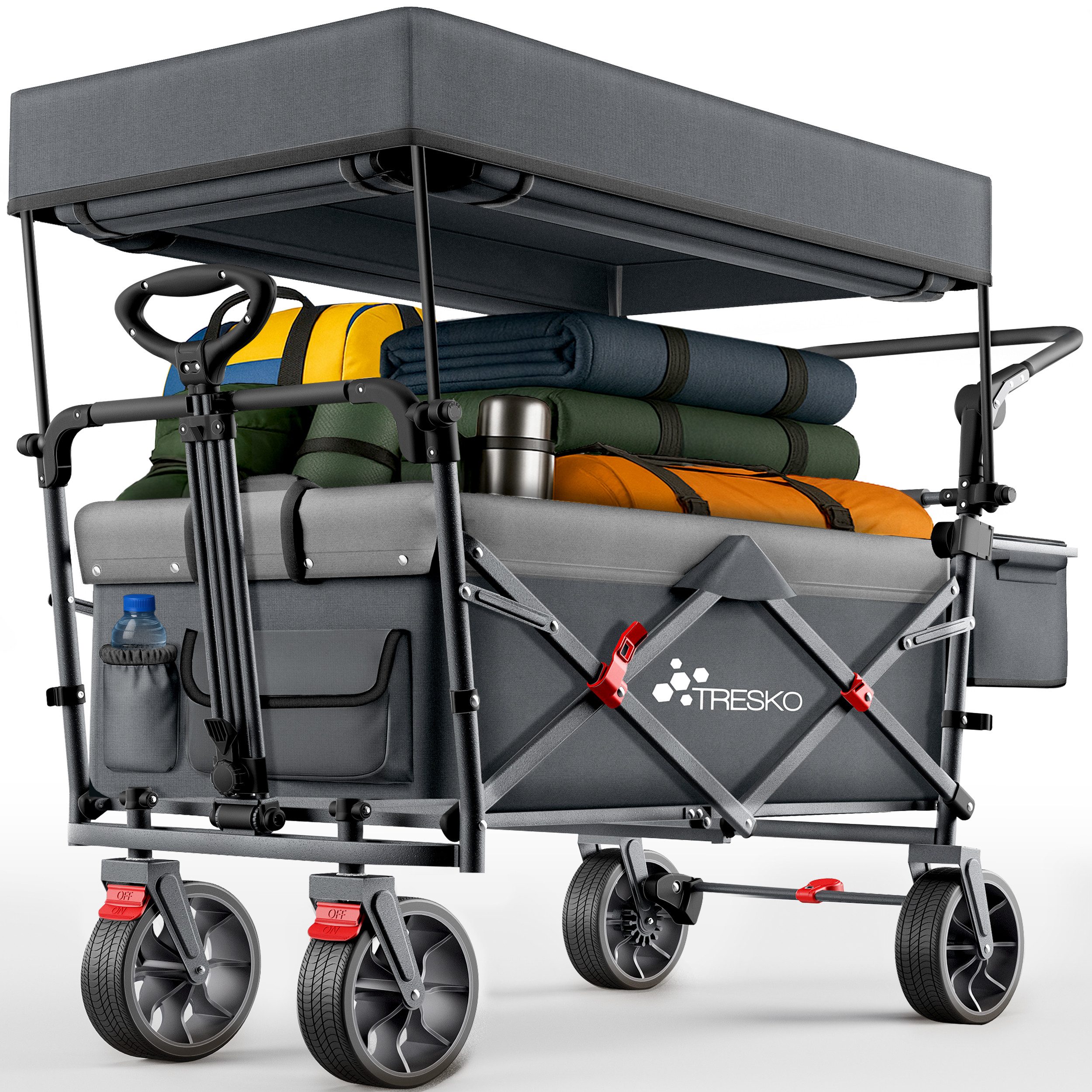 TRESKO Bollerwagen TRESKO Faltbarer Bollerwagen Handwagen (Feststellbremsen (Vorne & Hinten) und 3-Punkt-Gurt, max. belastbar bis 150kg Transportwagen mit Vollgummireifen), Faltbar mit Dach, Kühlfach & Seitenrollos Handwagen