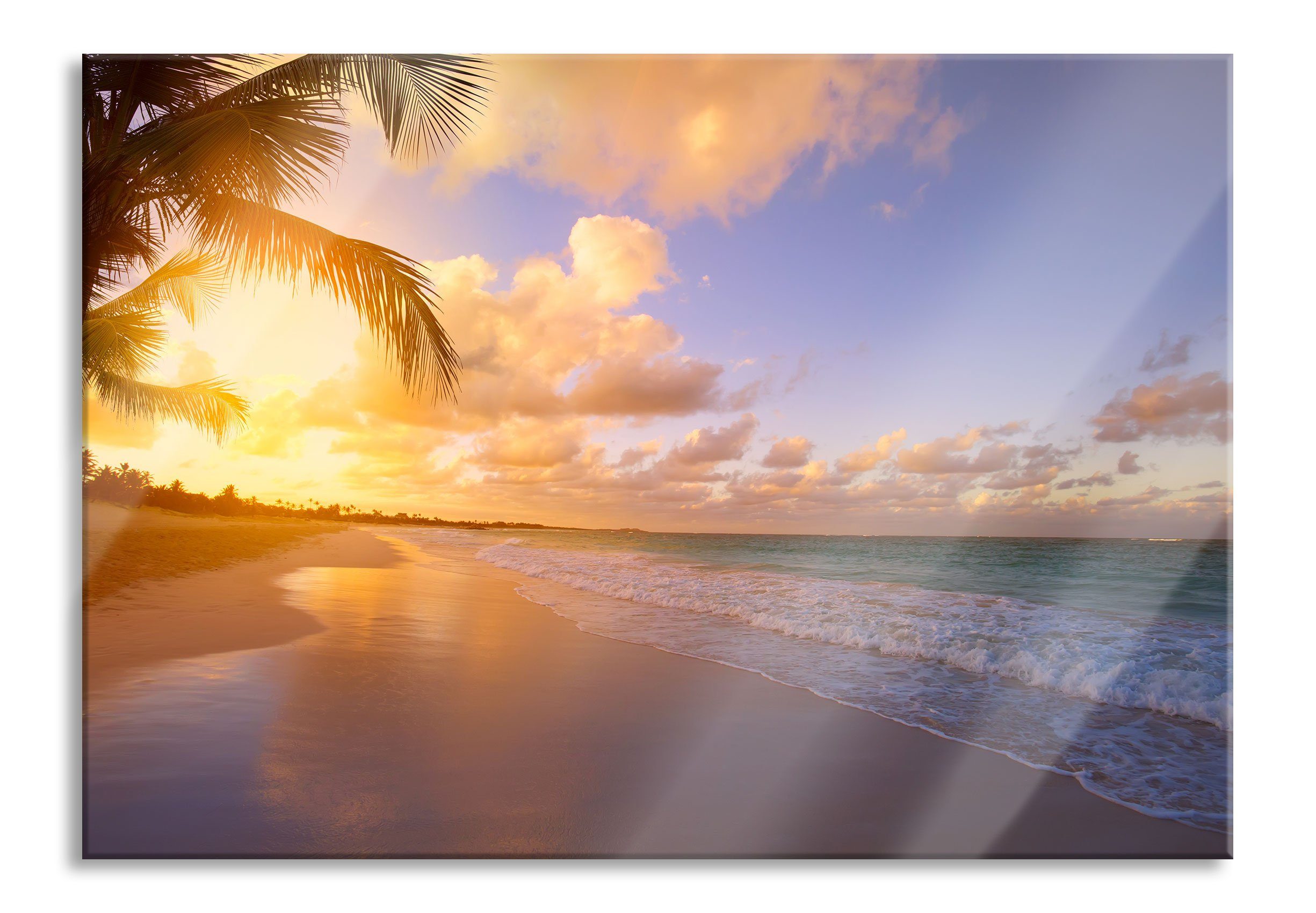 Glasbild Strand bei Sonnenuntergang