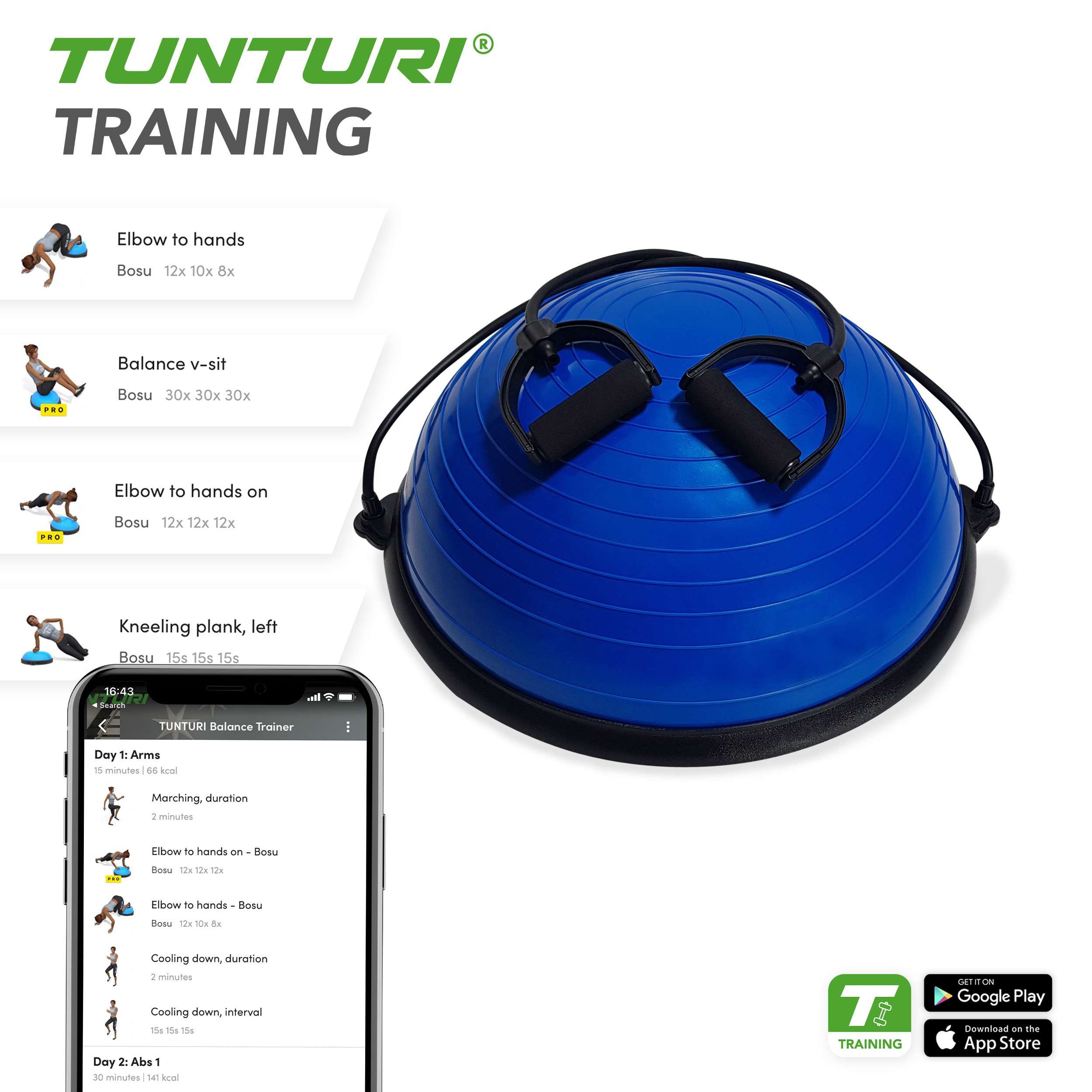 Tunturi Balanceboard Balancetrainer mit Griffen - Halbkugelball für Gleichgewicht
